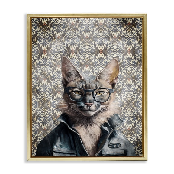 Stupell Industries Wild Cat on Damask Animals Painting Gold Floater Framed Canvas Art Print Wall Art, 17 x 21