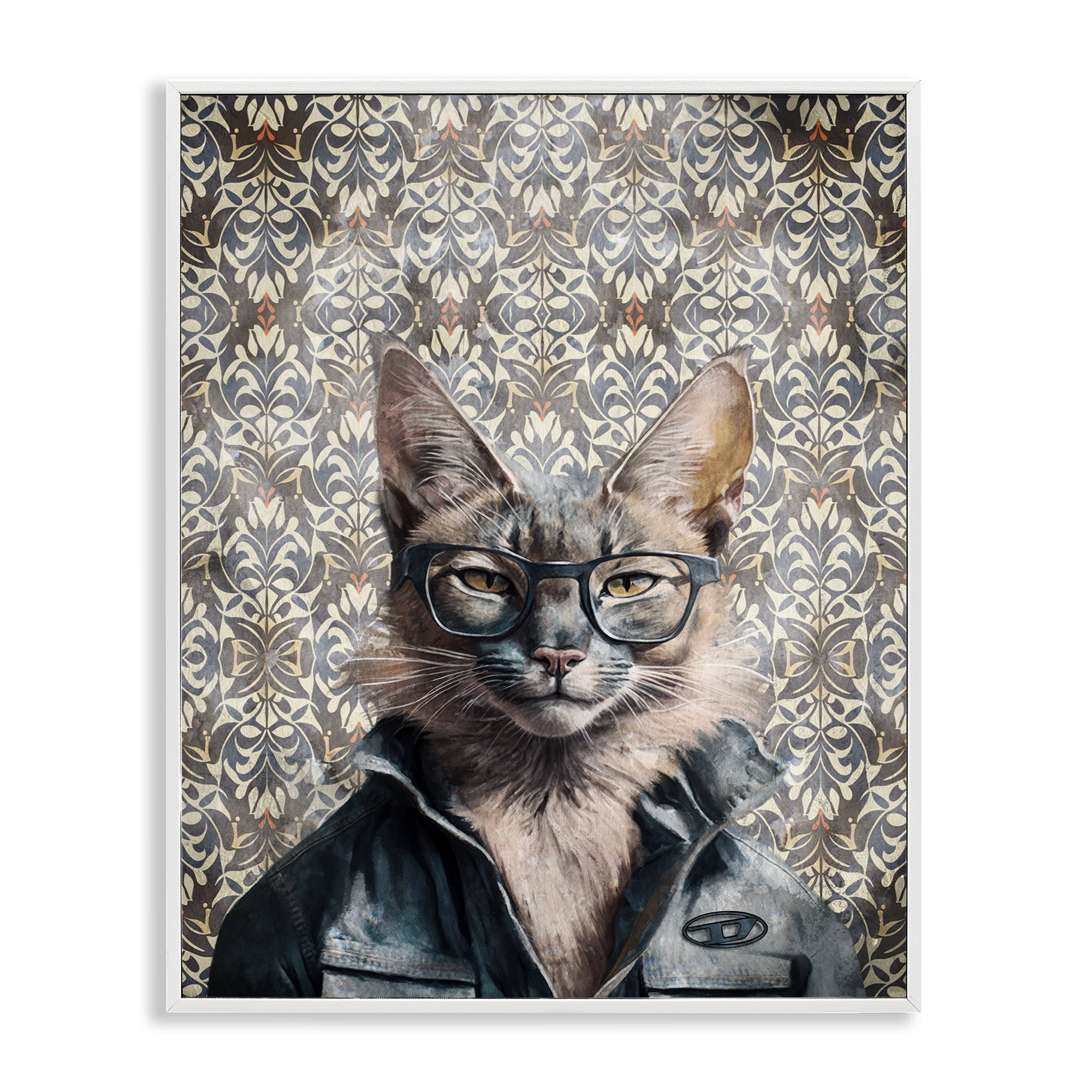Stupell Industries Wild Cat on Damask Animals Painting White Framed Art Print Wall Art, 11 x 14