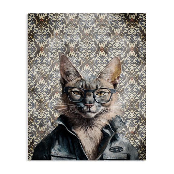 Stupell Industries Wild Cat on Damask Animals Painting Wrapped Canvas Art Print Wall Art, 24 x 30