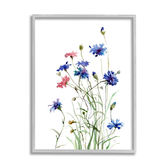 Stupell Industries Wild Cornflowers Spring Bloom Watercolor Blue Pink Botanical & Floral Painting Gray Framed Art Print Wall Art, 24 x 30