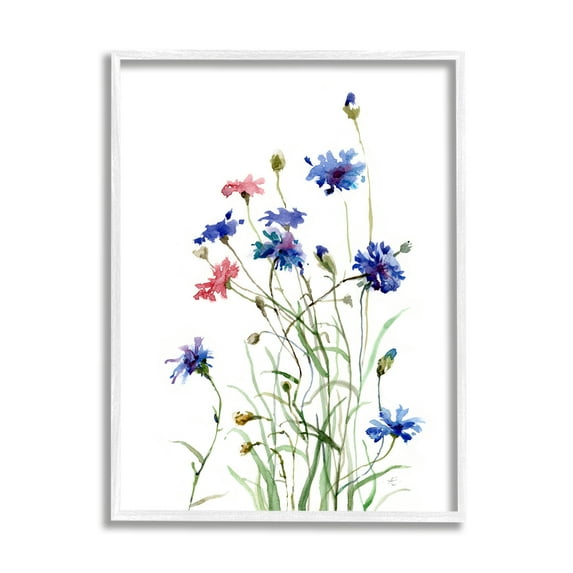 Stupell Industries Wild Cornflowers Spring Bloom Watercolor Blue Pink Botanical & Floral Painting White Framed Art Print Wall Art, 24 x 30