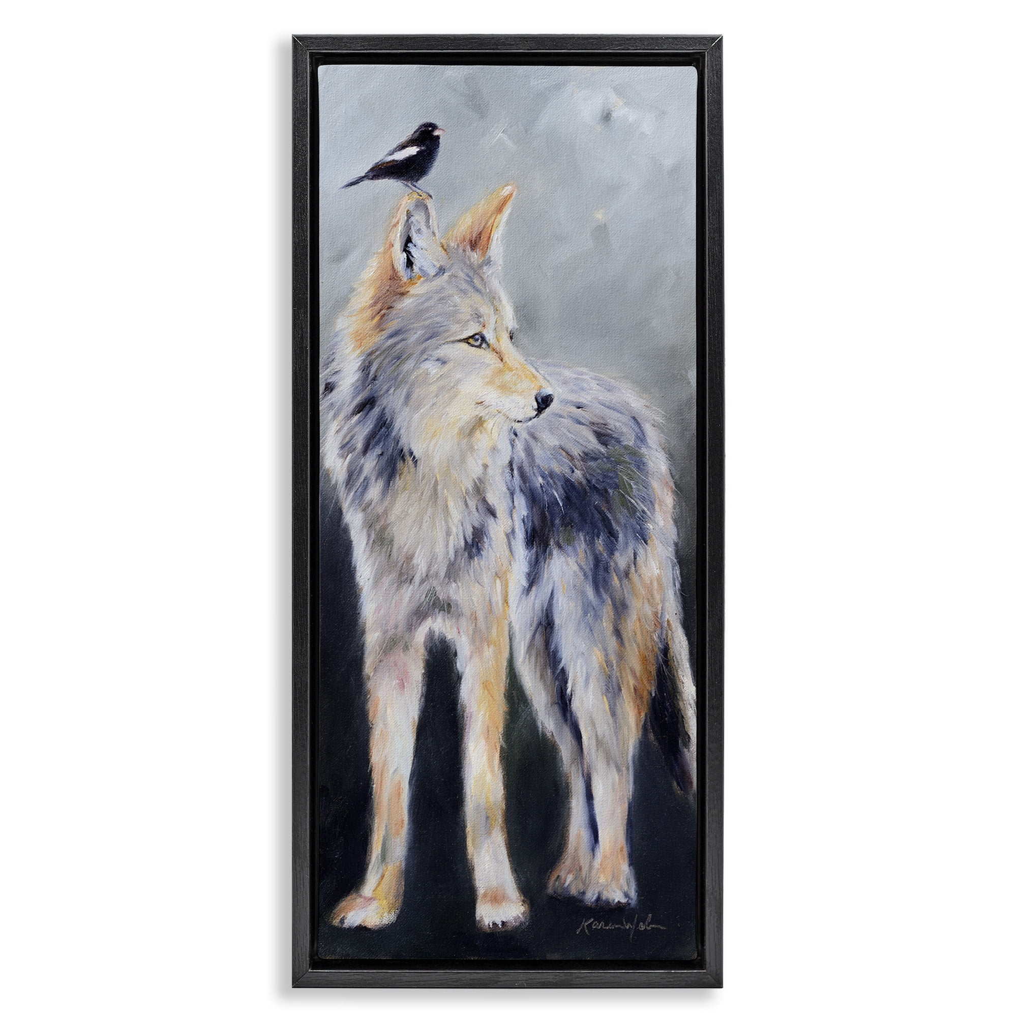 Stupell Industries Wild Coyote & Black Bird Animals & Insects Painting Black Floater Framed Canvas Art Print Wall Art, 15 x 31