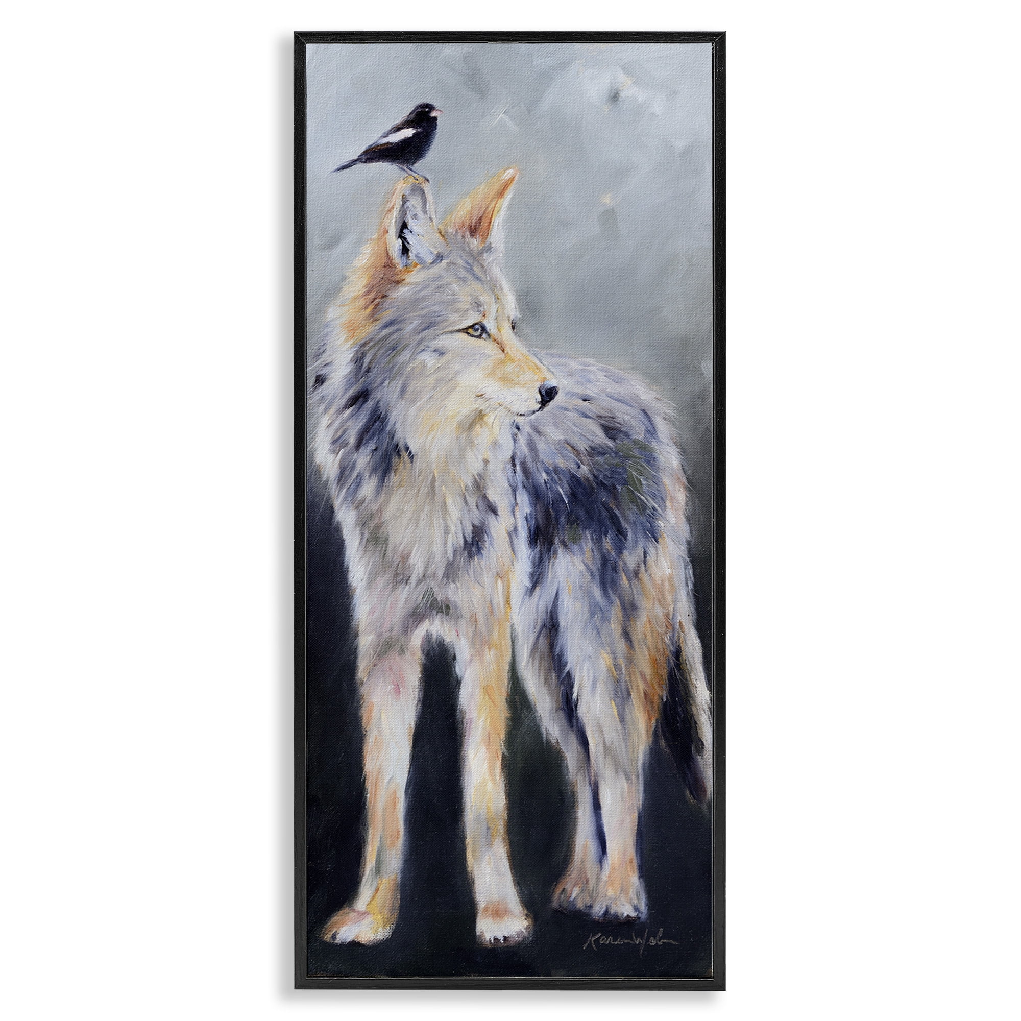 Stupell Industries Wild Coyote & Black Bird Animals & Insects Painting Black Framed Art Print Wall Art, 10 x 24