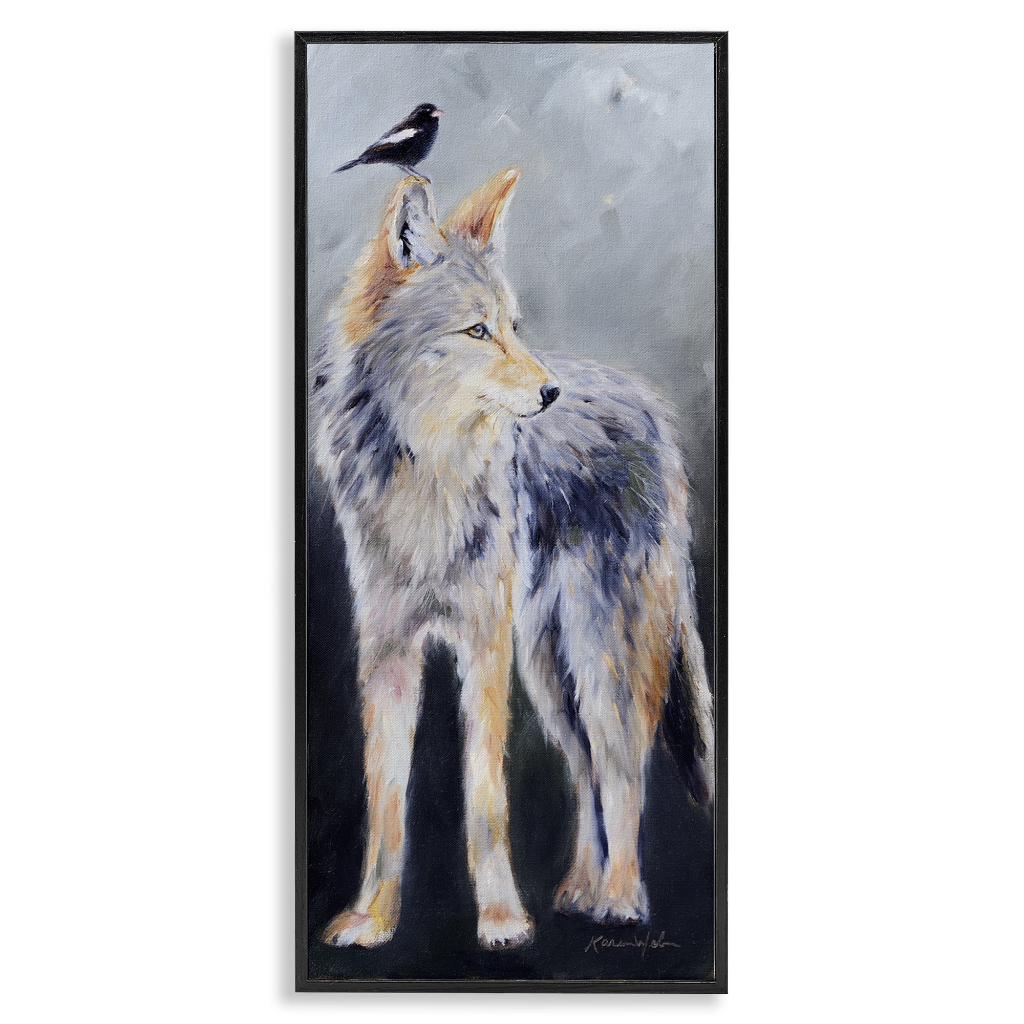 Stupell Industries Wild Coyote & Black Bird Animals & Insects Painting Black Framed Art Print Wall Art, 13 x 30