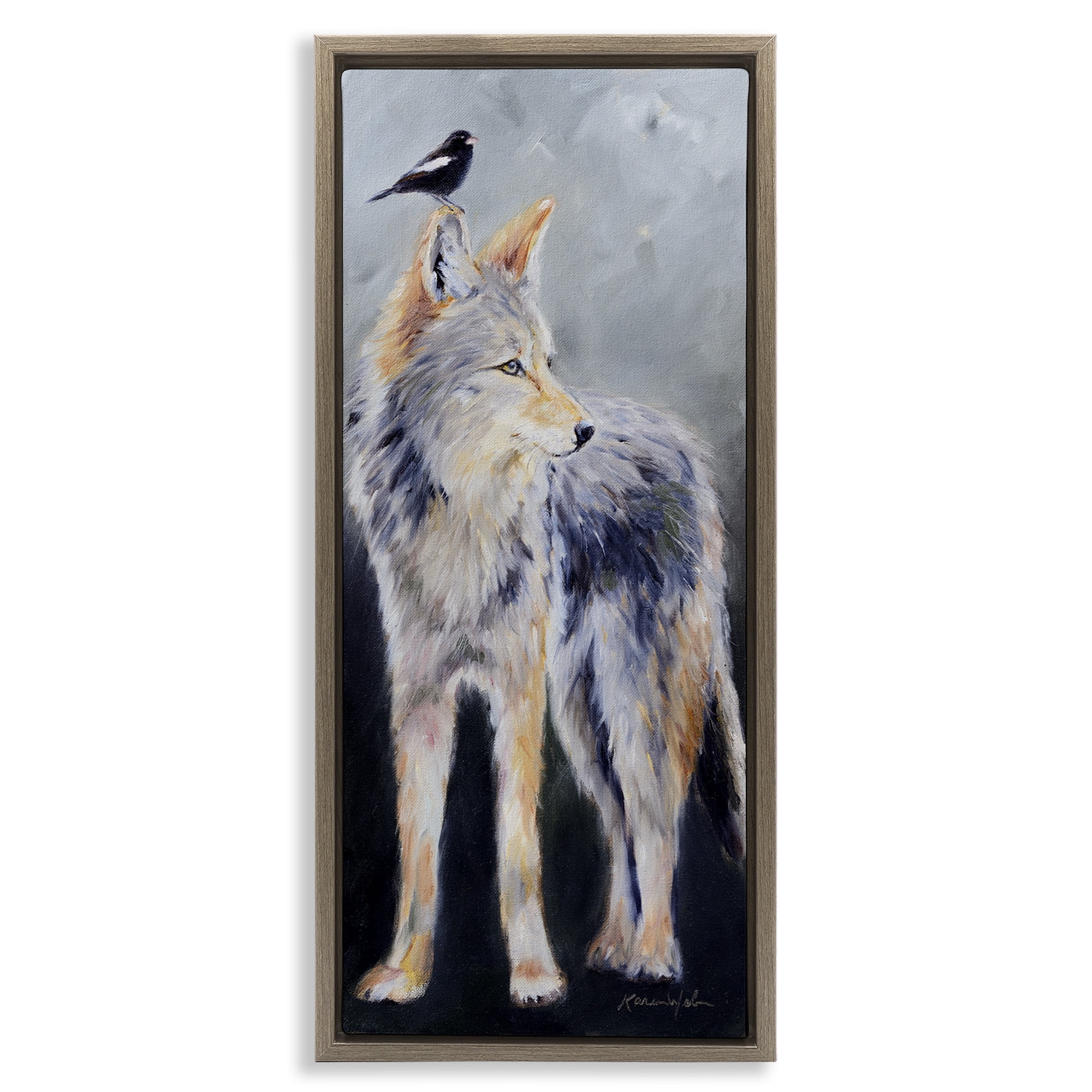 Stupell Industries Wild Coyote & Black Bird Animals & Insects Painting Brown Floater Framed Canvas Art Print Wall Art, 15 x 31