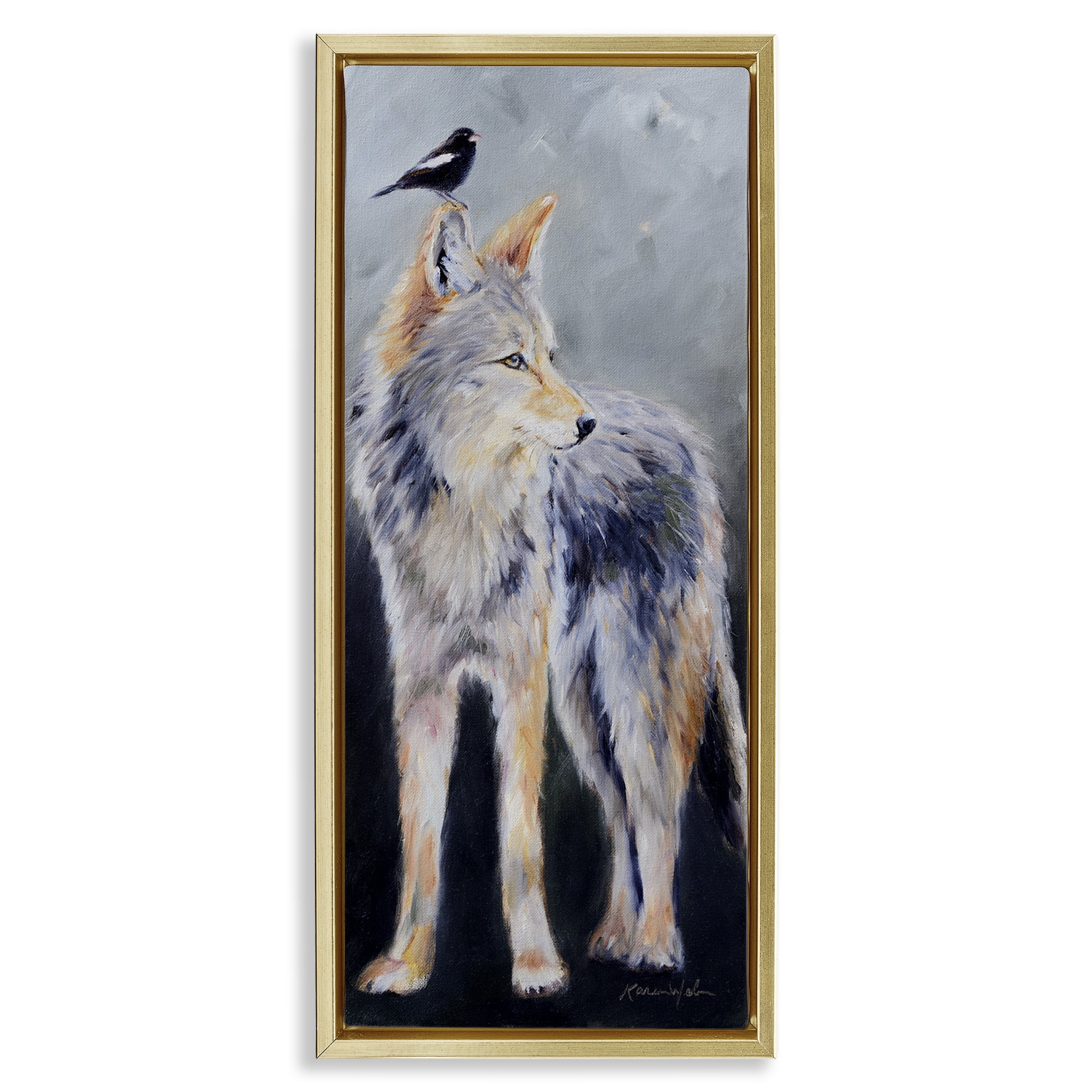 Stupell Industries Wild Coyote & Black Bird Animals & Insects Painting Gold Floater Framed Canvas Art Print Wall Art, 11 x 25