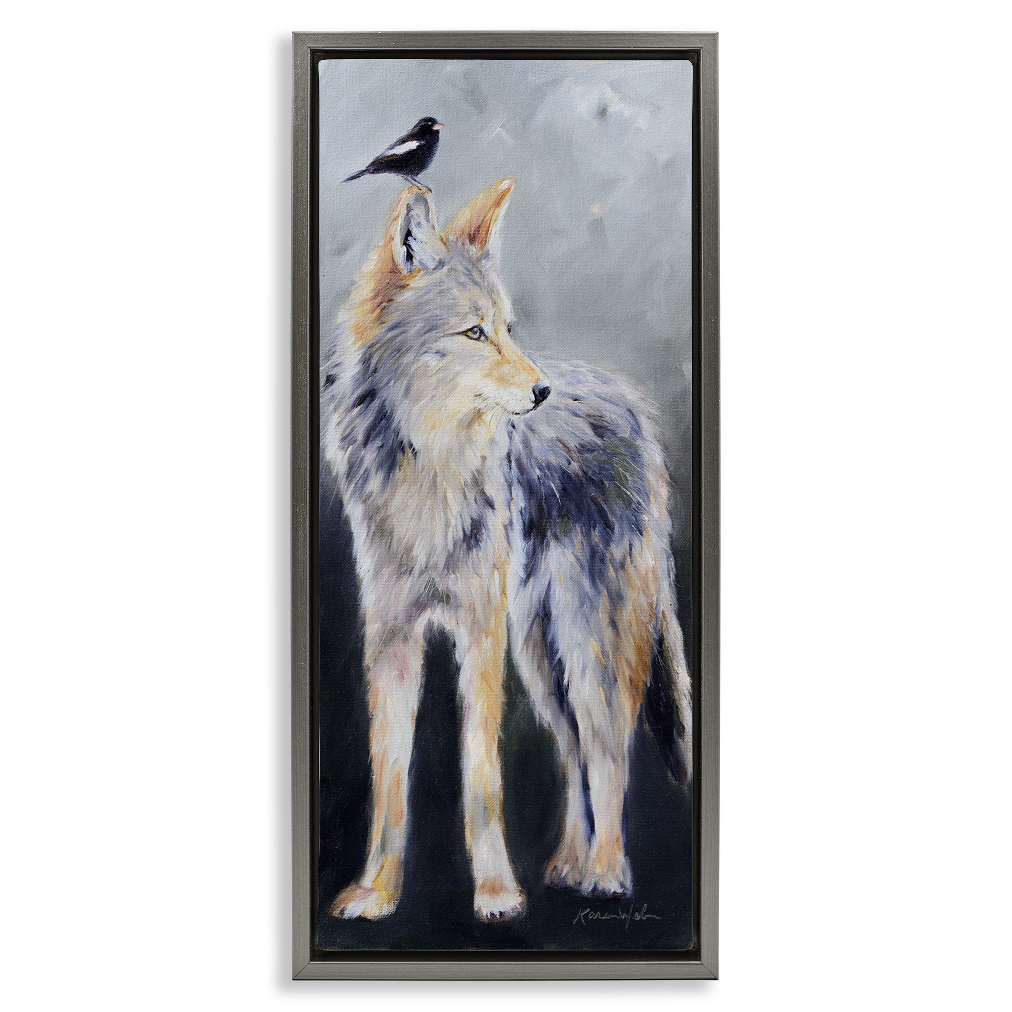 Stupell Industries Wild Coyote & Black Bird Animals & Insects Painting Gray Floater Framed Canvas Art Print Wall Art, 11 x 25