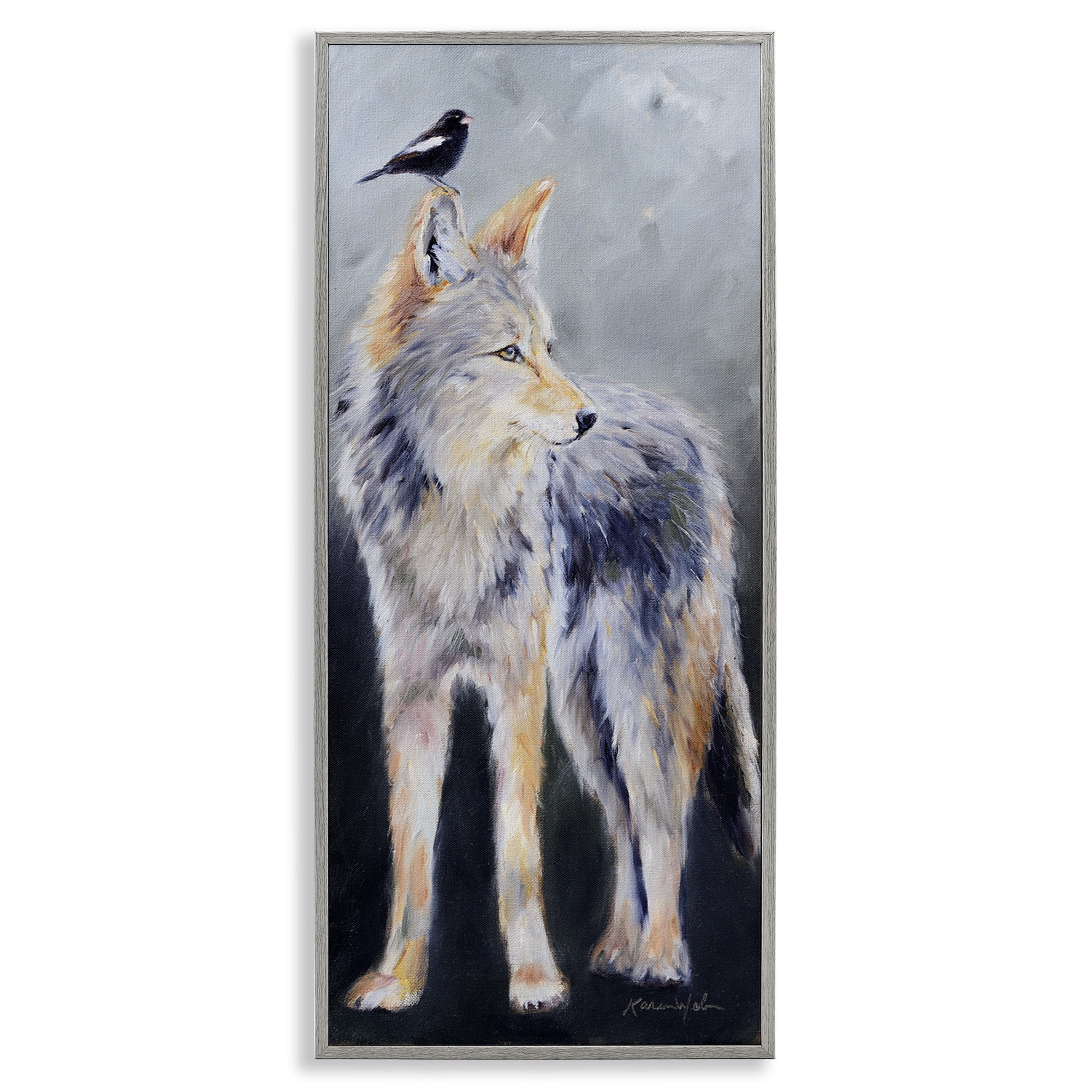 Stupell Industries Wild Coyote & Black Bird Animals & Insects Painting Gray Framed Art Print Wall Art, 13 x 30