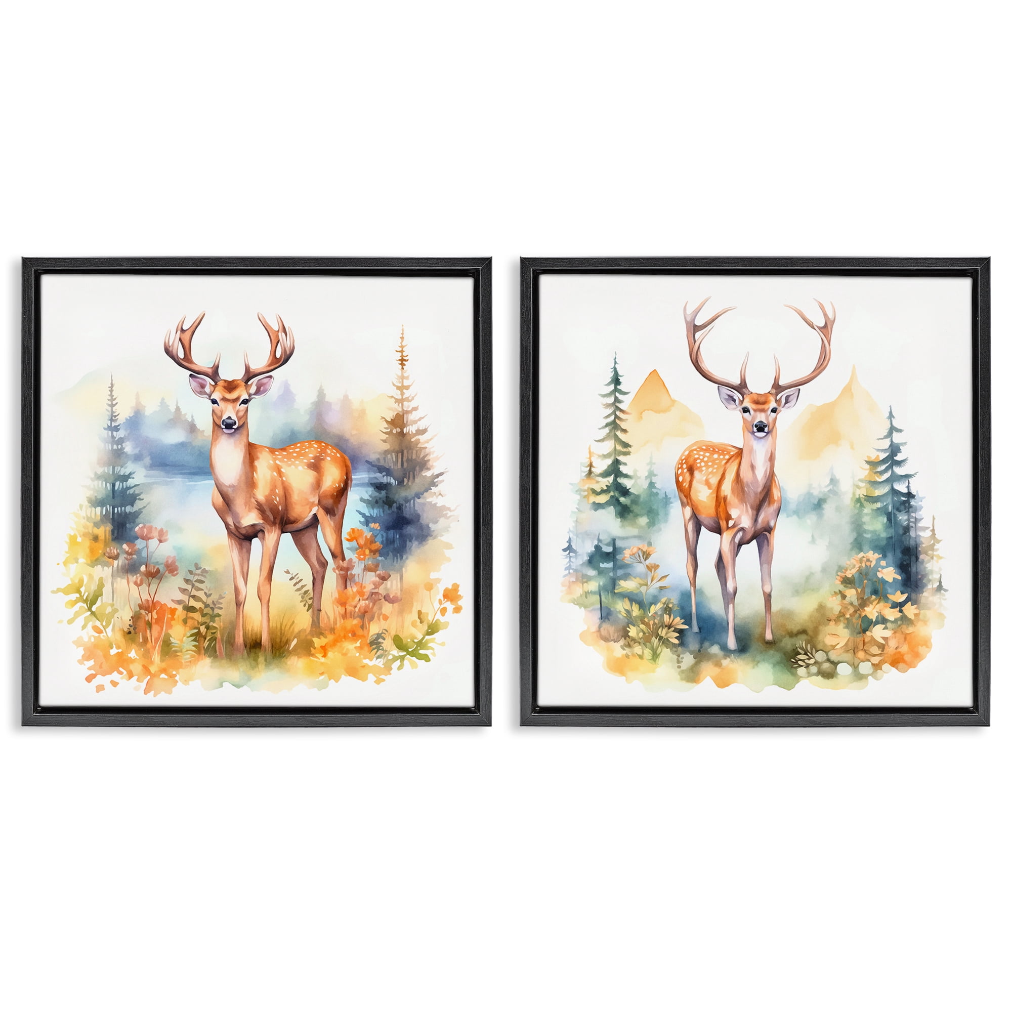 Stupell Industries Wild Deer Mountain Overlook Animals Painting Black Floater Framed Canvas Art Print Wall Art, 18 x 18, Set of 2