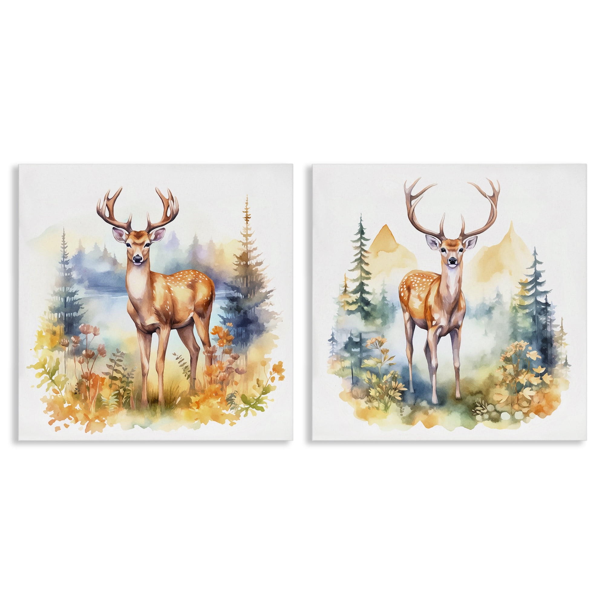 Stupell Industries Wild Deer Mountain Overlook Animals Painting Wrapped Canvas Art Print Wall Art, 17 x 17, Set of 2