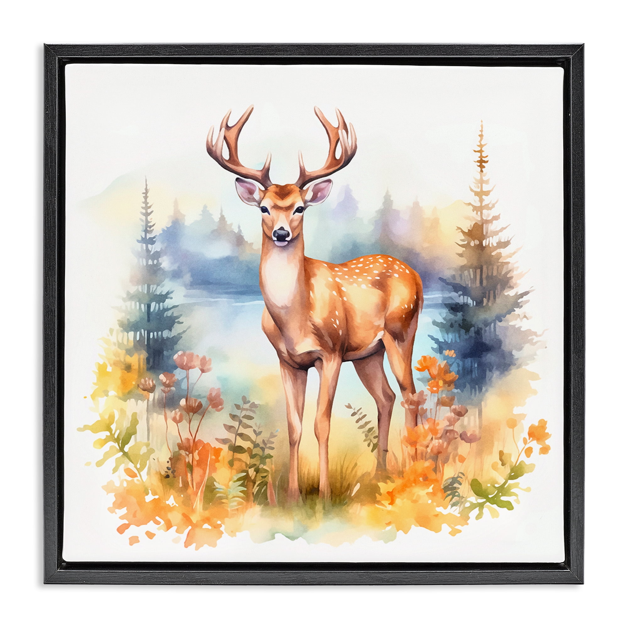 Stupell Industries Wild Deer in Forest Animals Painting Black Floater Framed Canvas Art Print Wall Art, 18 x 18