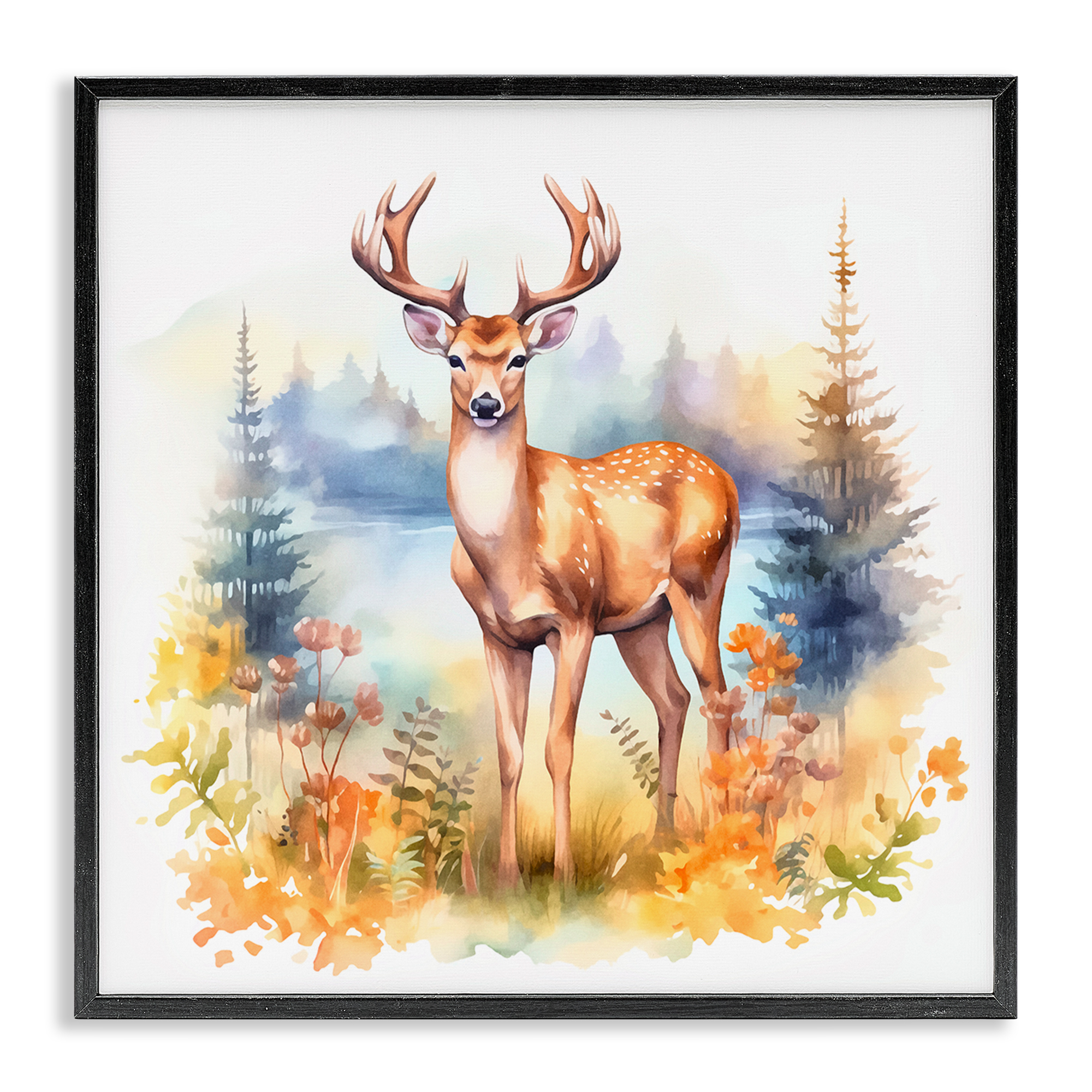 Stupell Industries Wild Deer in Forest Animals Painting Black Framed Art Print Wall Art, 12 x 12