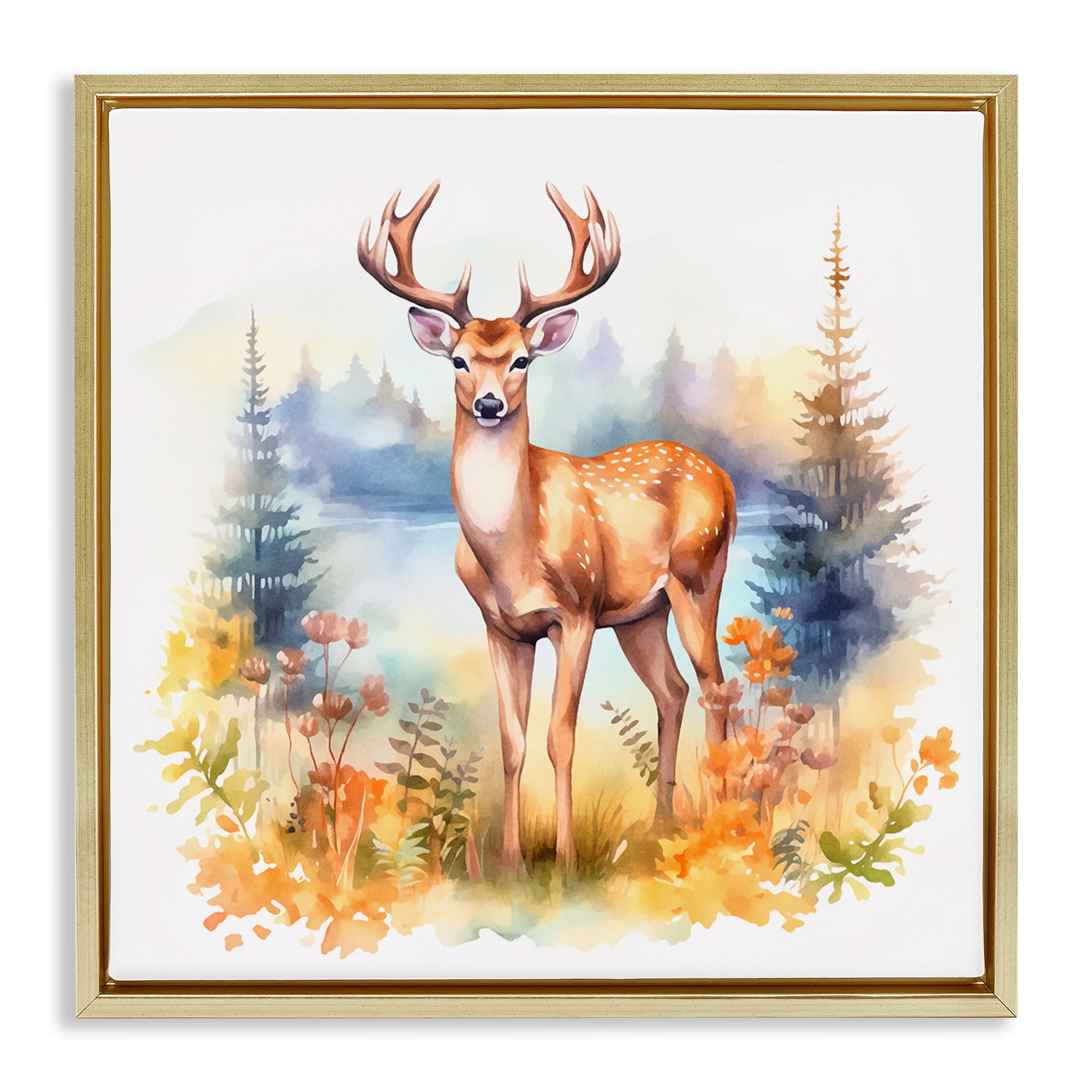 Stupell Industries Wild Deer in Forest Animals Painting Gold Floater Framed Canvas Art Print Wall Art, 25 x 25