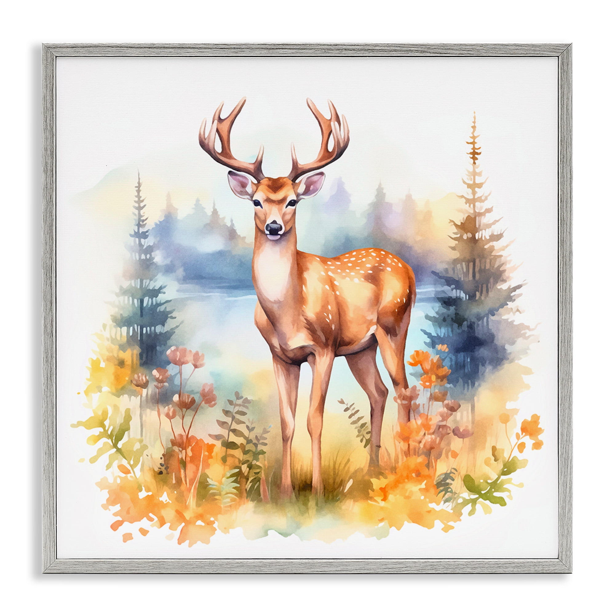 Stupell Industries Wild Deer in Forest Animals Painting Gray Framed Art Print Wall Art, 24 x 24