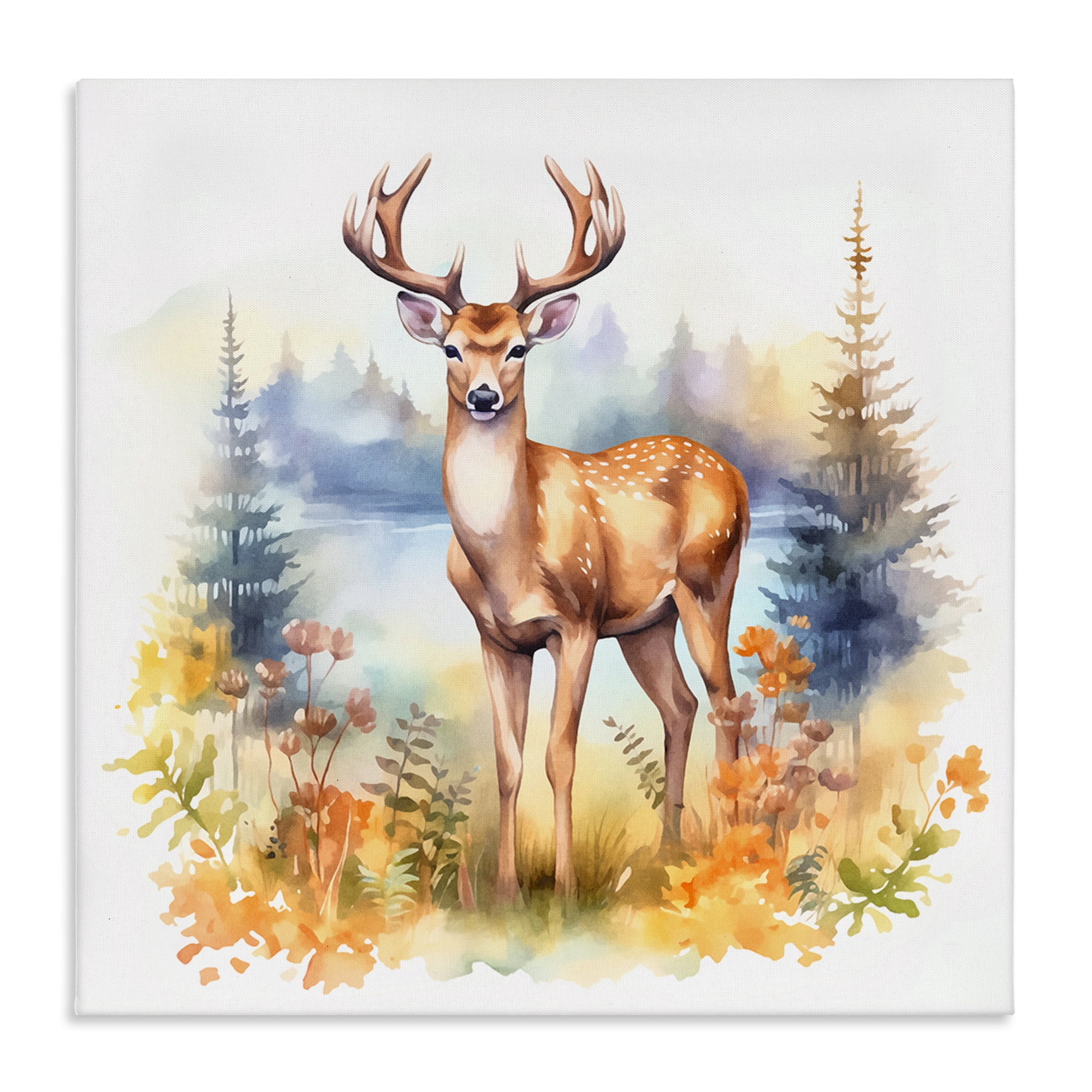 Stupell Industries Wild Deer in Forest Animals Painting Wrapped Canvas Art Print Wall Art, 36 x 36