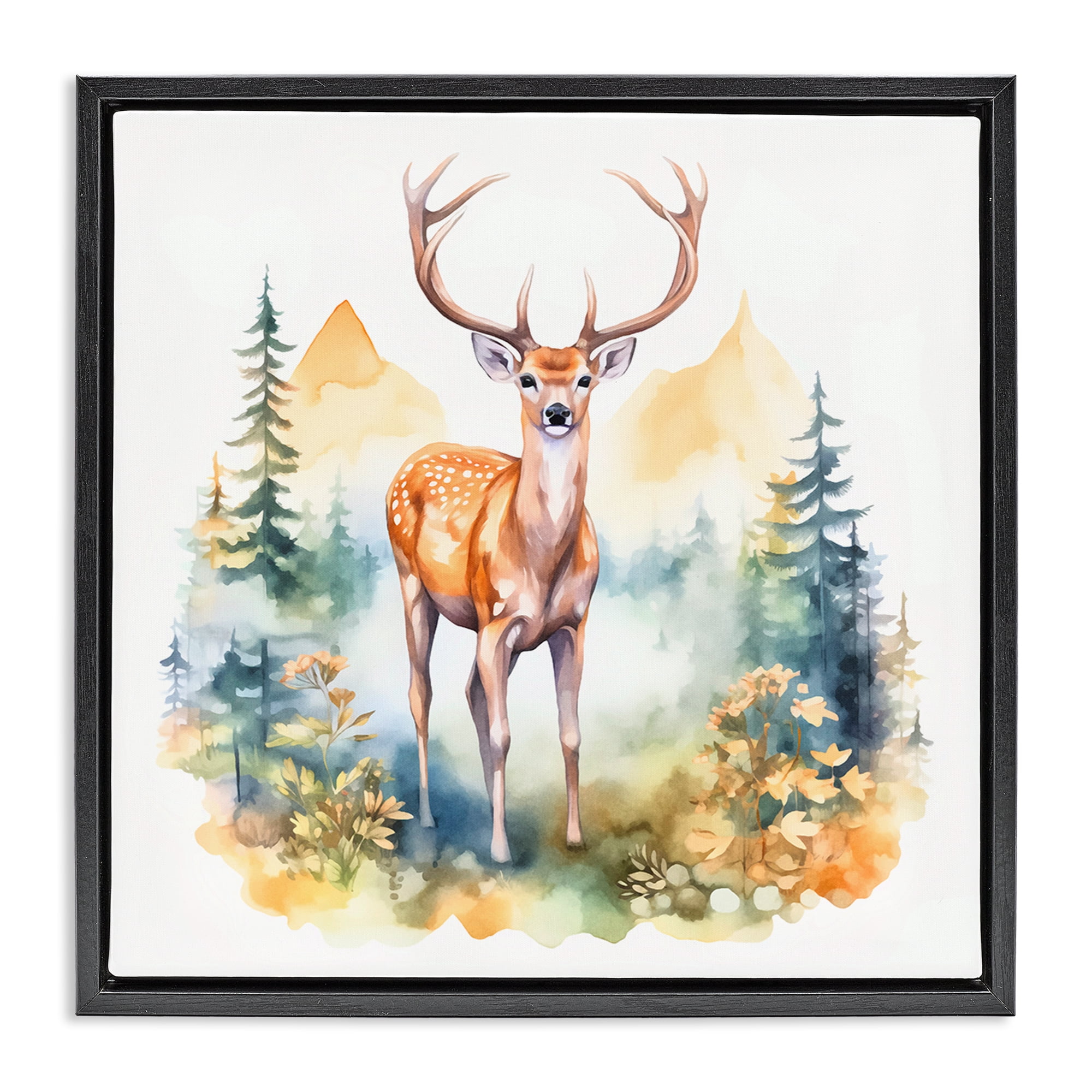 Stupell Industries Wild Deer with Mountains Animals Painting Black Floater Framed Canvas Art Print Wall Art, 25 x 25
