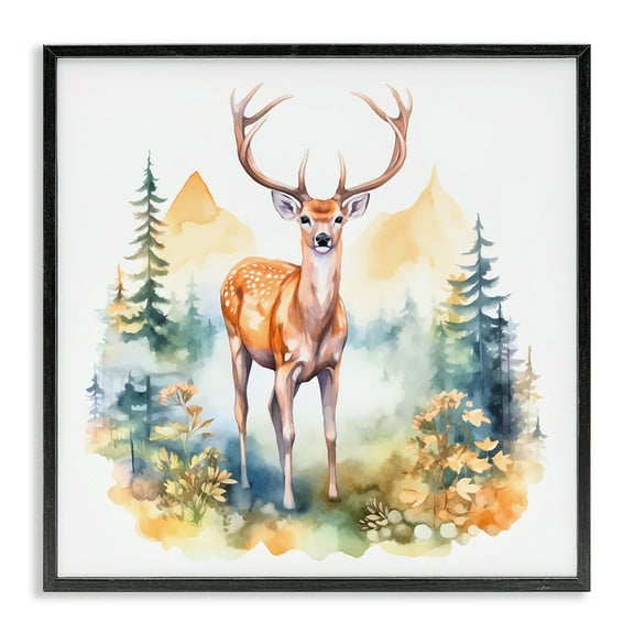Stupell Industries Wild Deer with Mountains Animals Painting Black Framed Art Print Wall Art, 12 x 12
