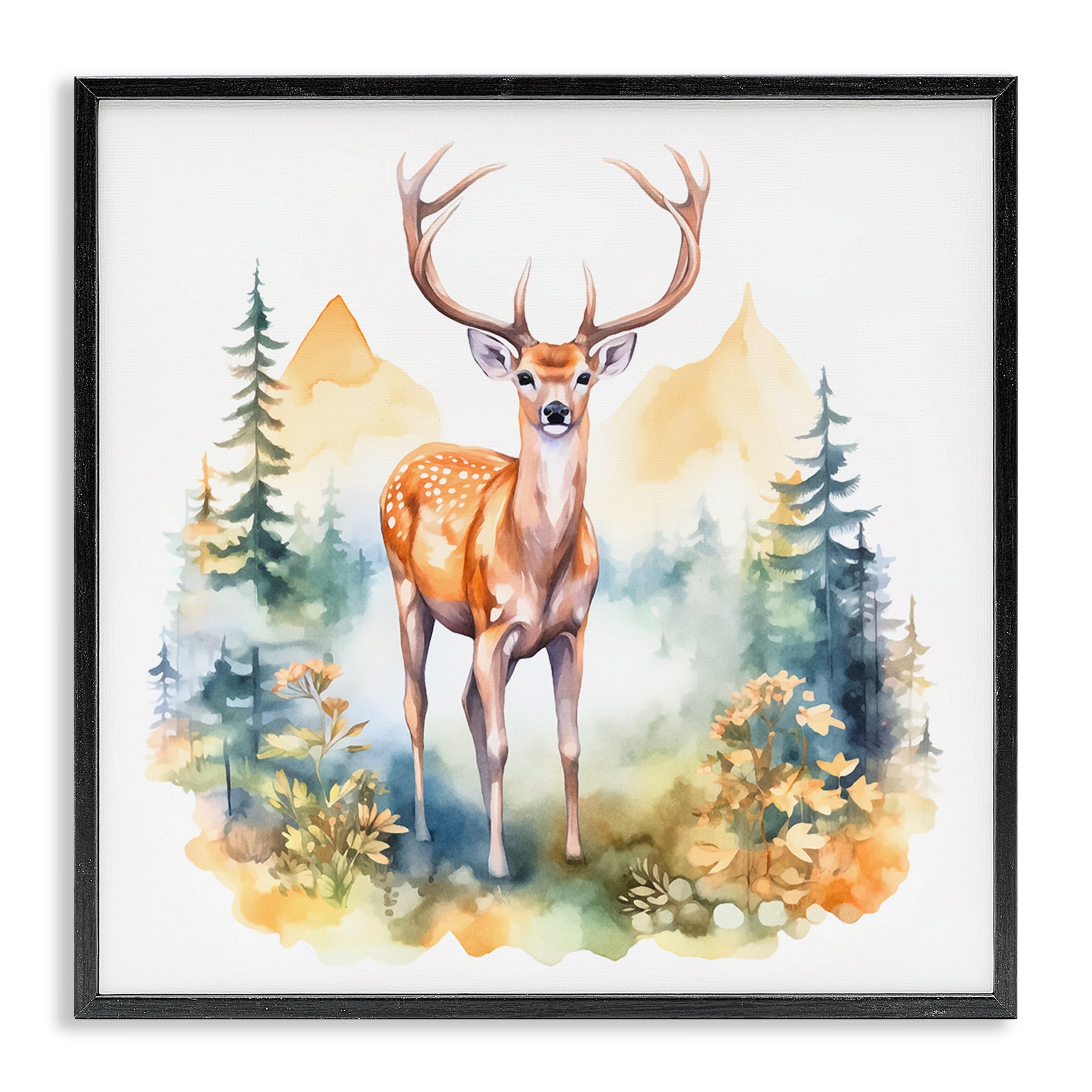 Stupell Industries Wild Deer with Mountains Animals Painting Black Framed Art Print Wall Art, 24 x 24