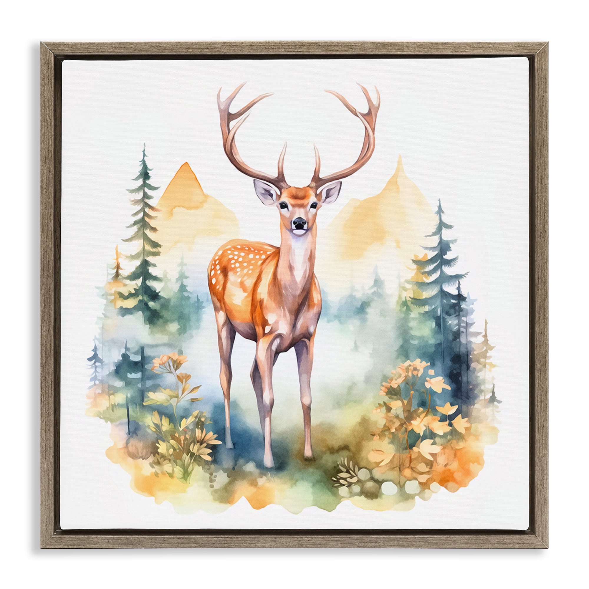 Stupell Industries Wild Deer with Mountains Animals Painting Brown Floater Framed Canvas Art Print Wall Art, 18 x 18