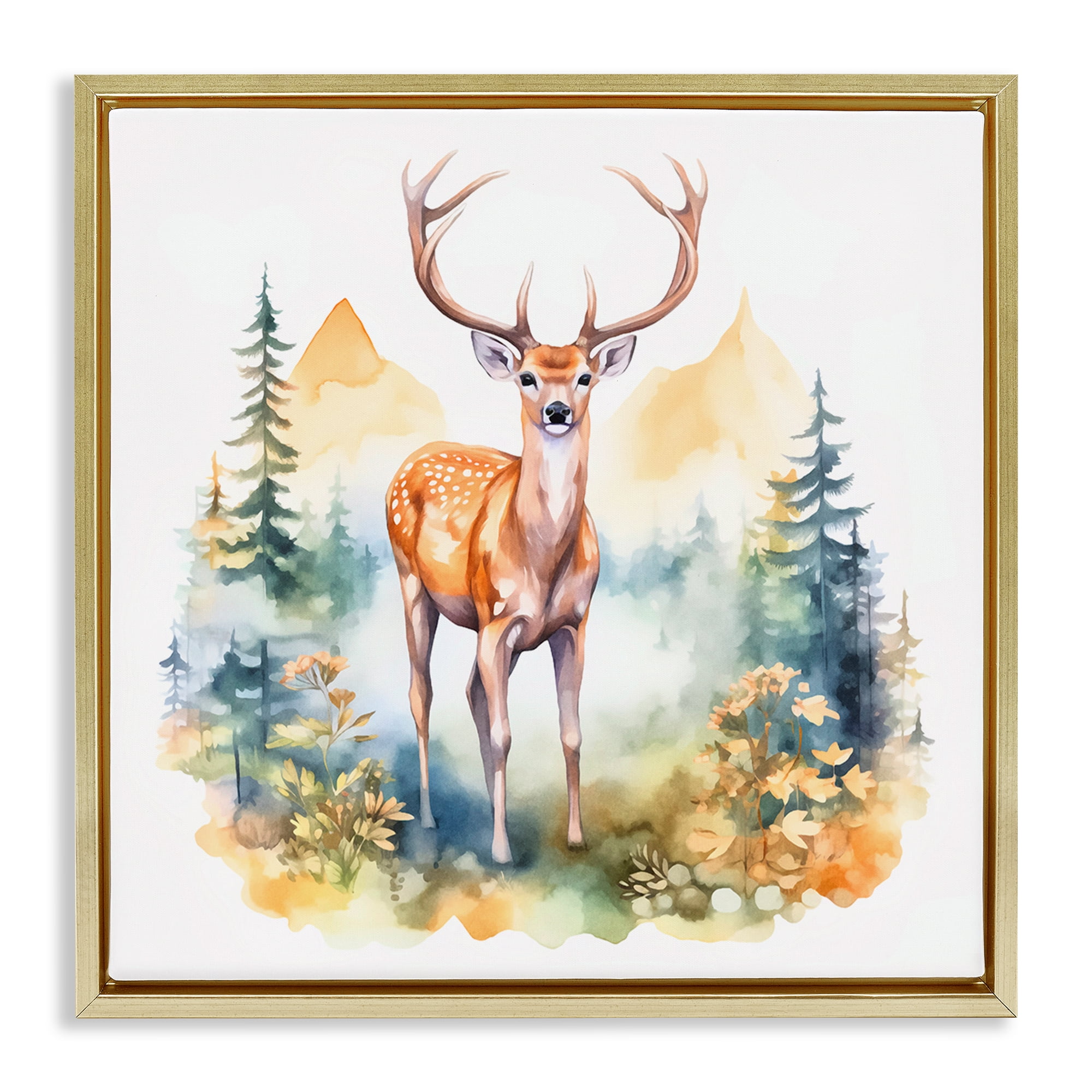 Stupell Industries Wild Deer with Mountains Animals Painting Gold Floater Framed Canvas Art Print Wall Art, 18 x 18