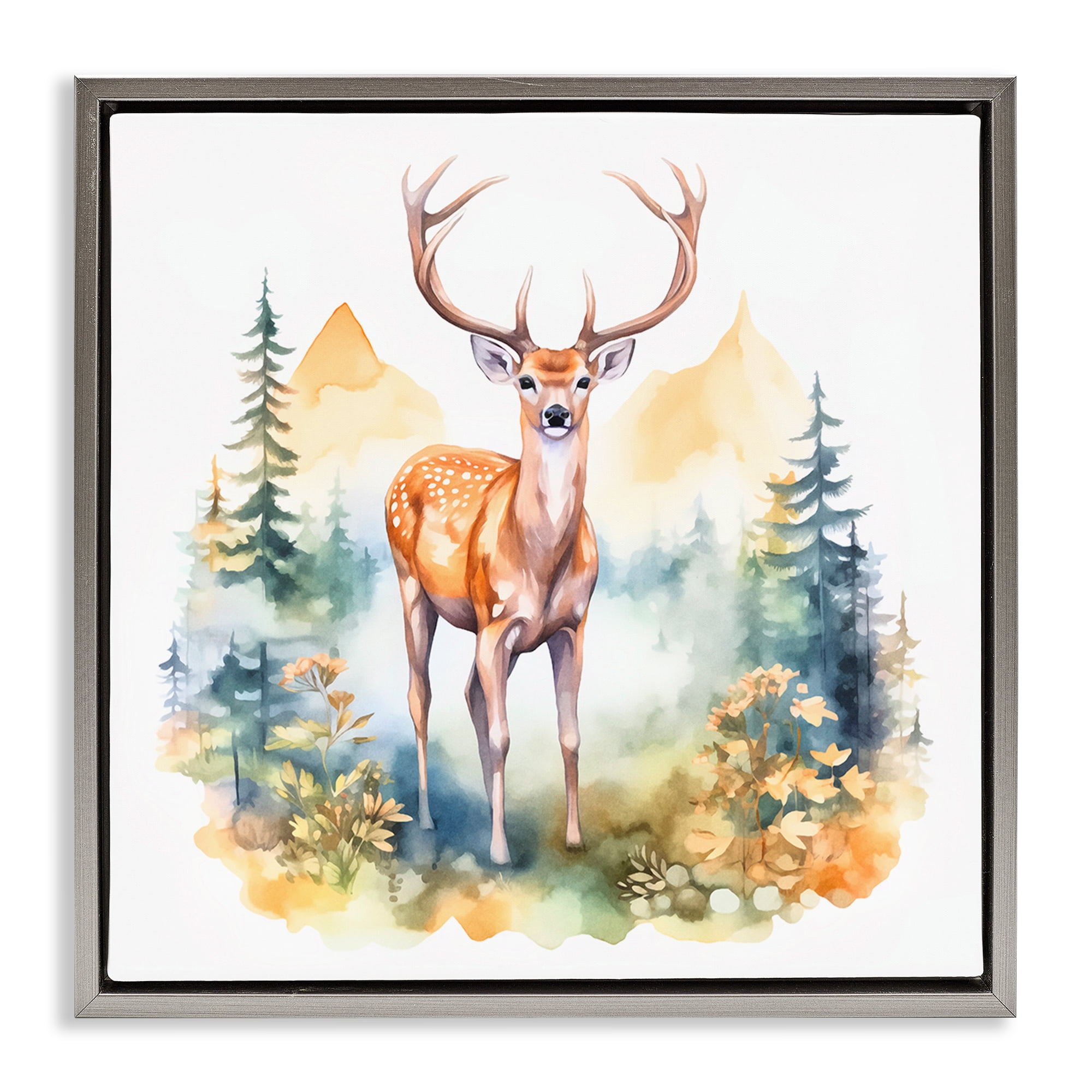 Stupell Industries Wild Deer with Mountains Animals Painting Gray Floater Framed Canvas Art Print Wall Art, 18 x 18