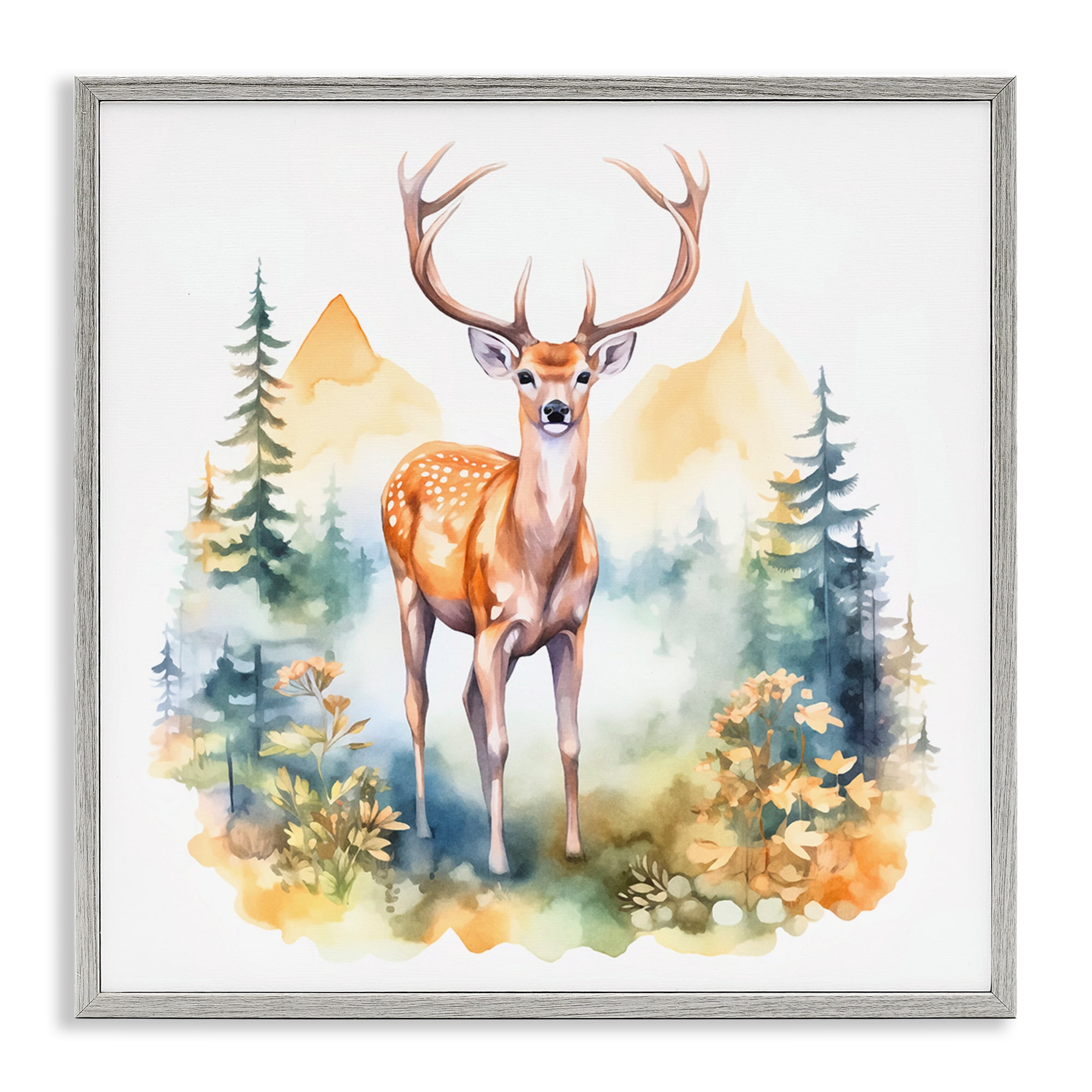 Stupell Industries Wild Deer with Mountains Animals Painting Gray Framed Art Print Wall Art, 12 x 12