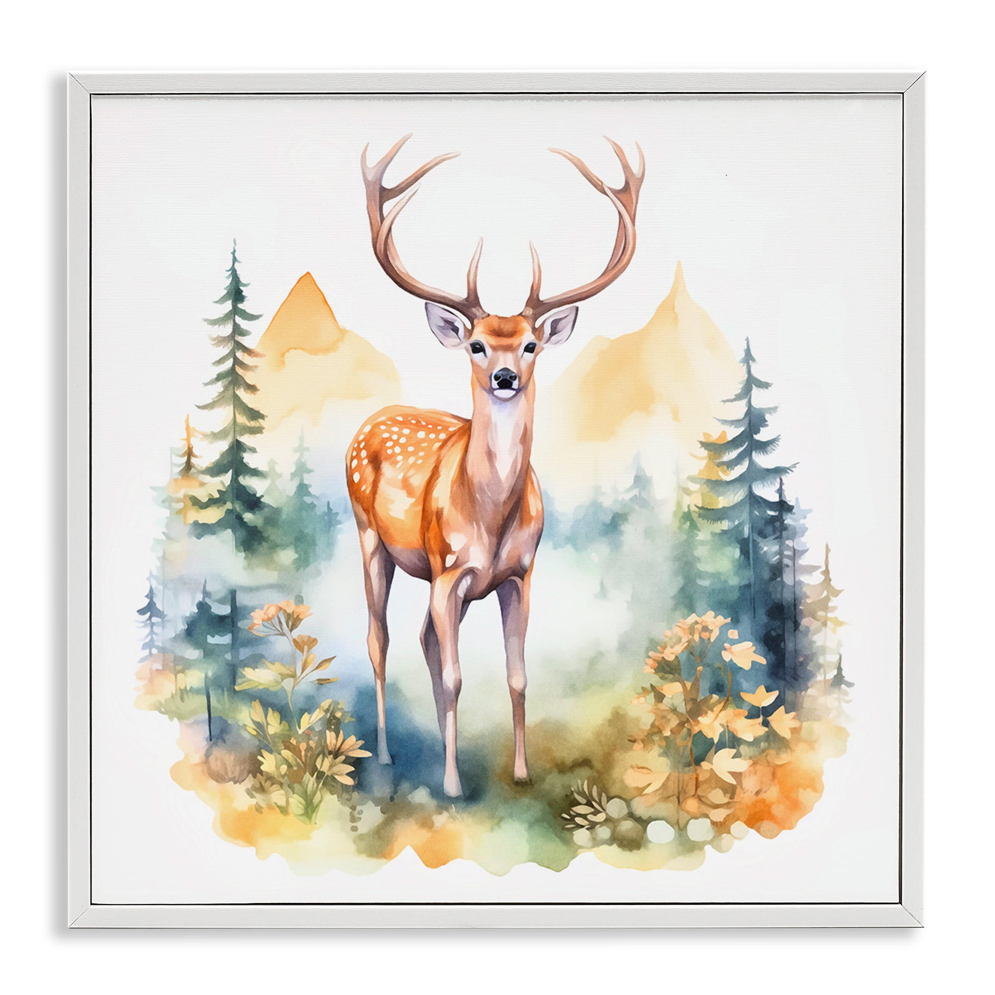 Stupell Industries Wild Deer with Mountains Animals Painting White Framed Art Print Wall Art, 17 x 17