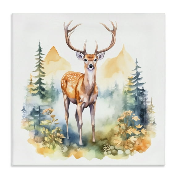 Stupell Industries Wild Deer with Mountains Animals Painting Wrapped Canvas Art Print Wall Art, 17 x 17