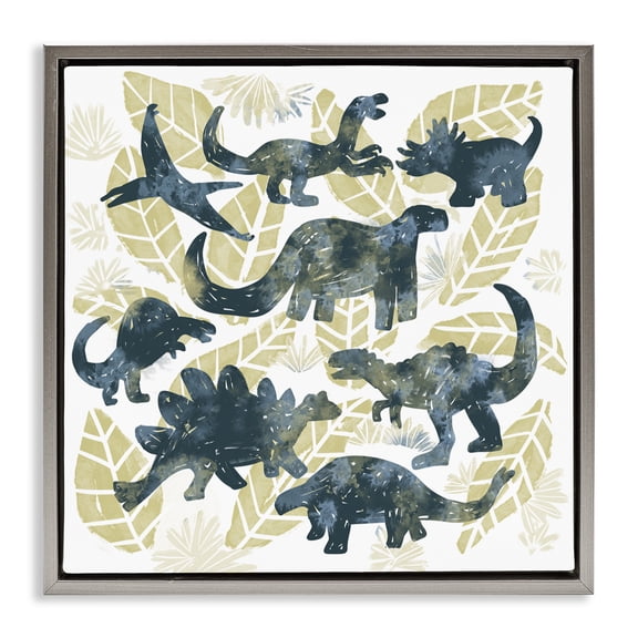 Stupell Industries Wild Dinos Prehistoric Friends Gray Framed Floater Canvas Wall Art, design by Connie Summers