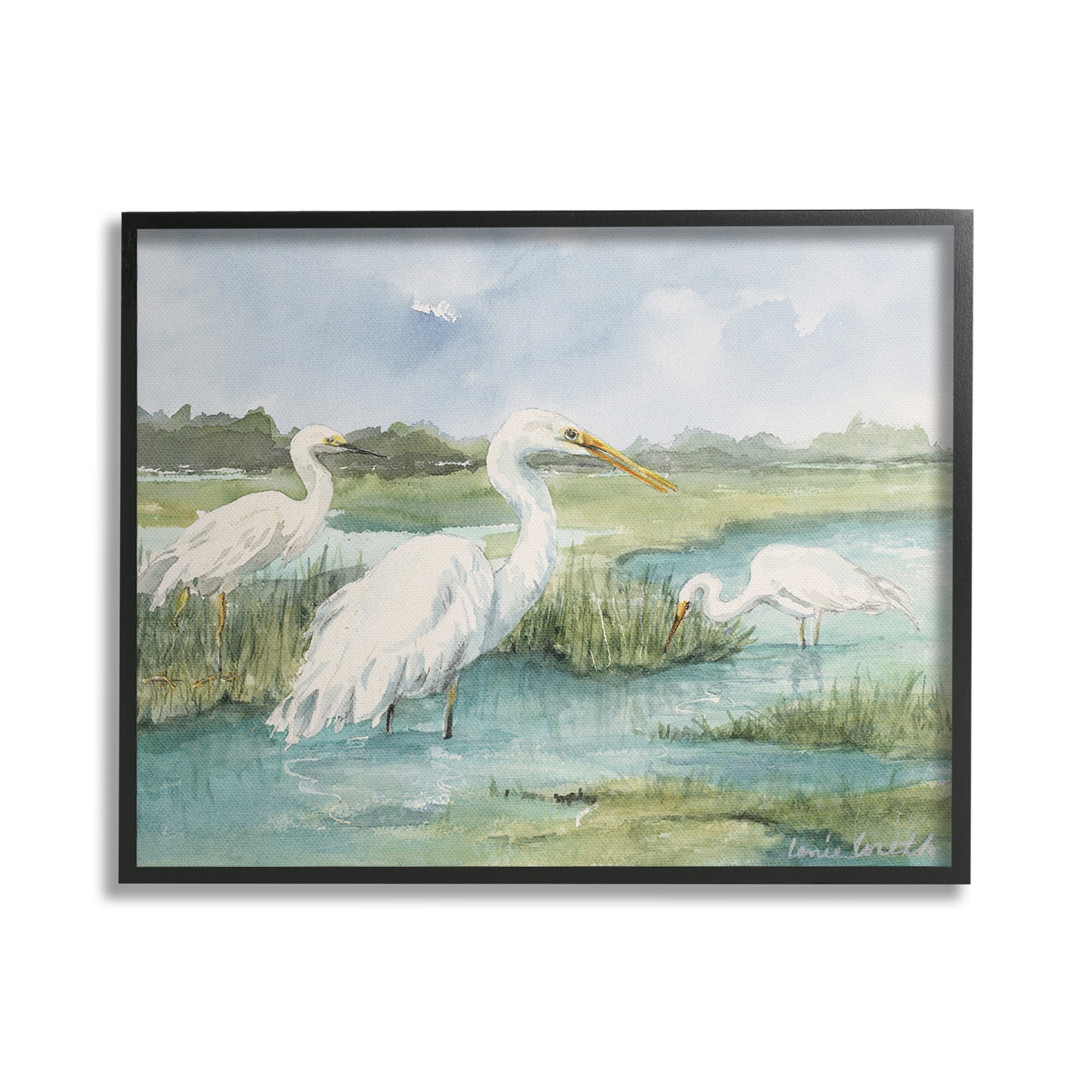 Stupell Industries Wild Egrets in Marshland Animals & Insects Painting Black Framed Art Print Wall Art, 30 x 24