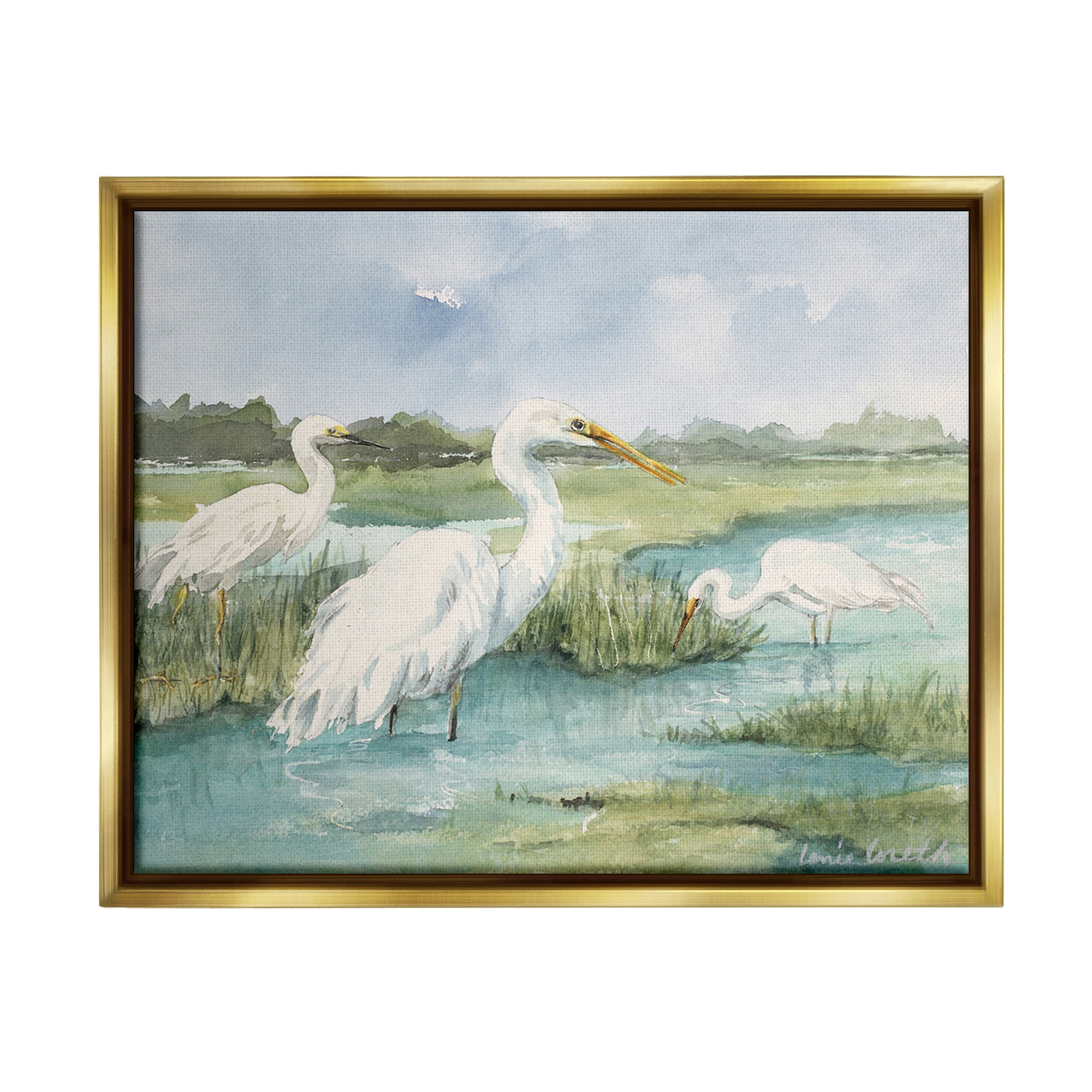 Stupell Industries Wild Egrets in Marshland Animals & Insects Painting Gold Floater Framed Canvas Art Print Wall Art, 31 x 25