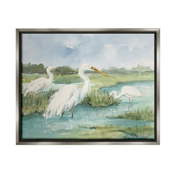 Stupell Industries Wild Egrets in Marshland Animals & Insects Painting Gray Floater Framed Canvas Art Print Wall Art, 21 x 17