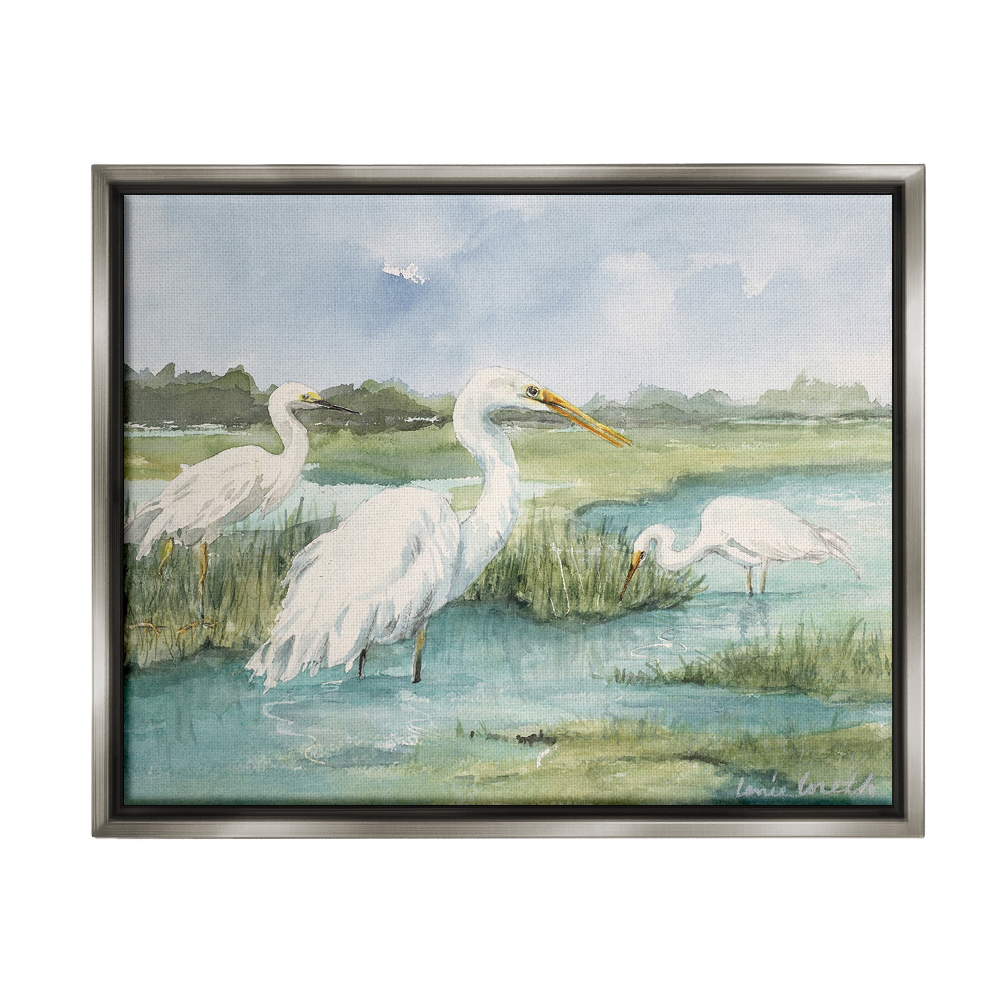 Stupell Industries Wild Egrets in Marshland Animals & Insects Painting Gray Floater Framed Canvas Art Print Wall Art, 31 x 25