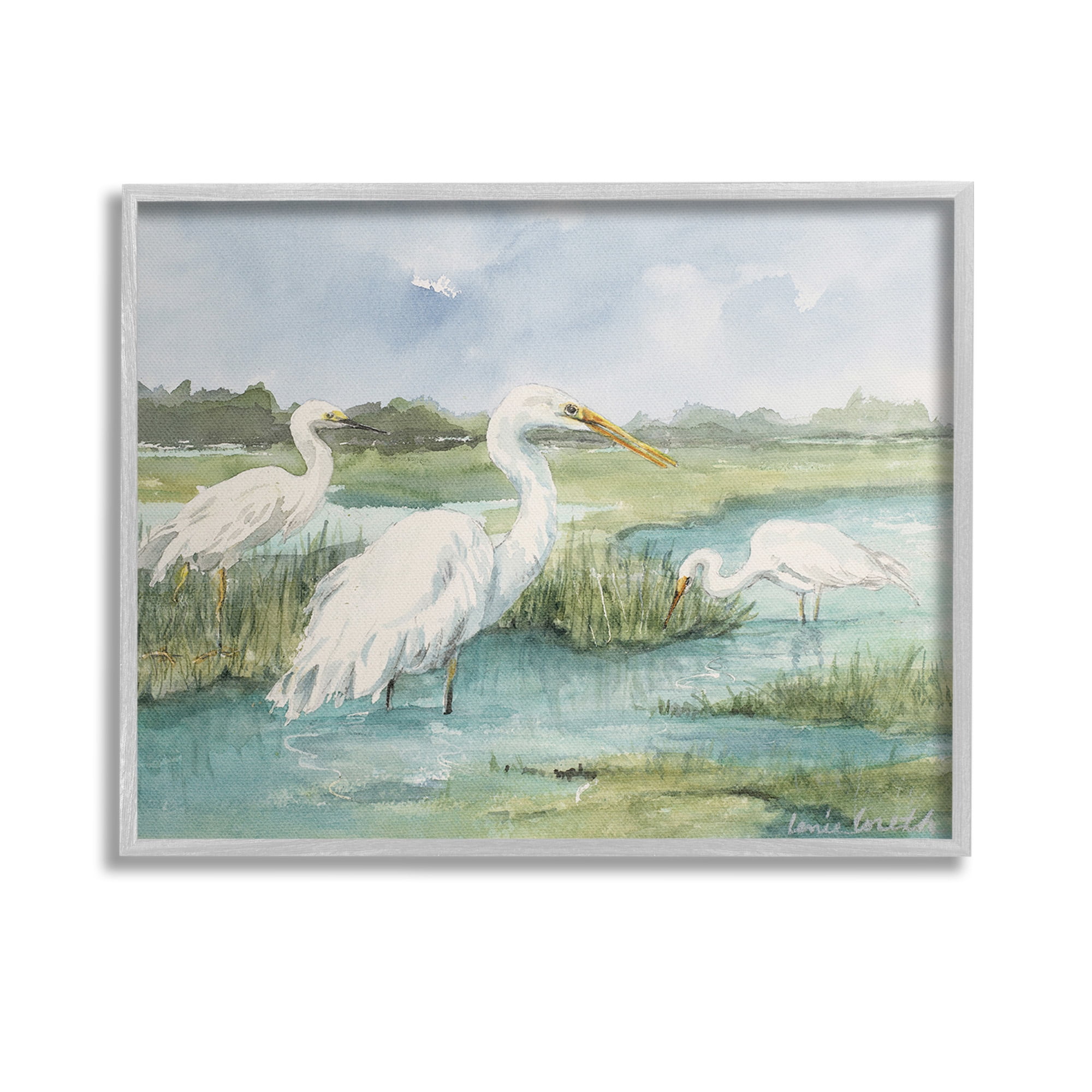 Stupell Industries Wild Egrets in Marshland Animals & Insects Painting Gray Framed Art Print Wall Art, 14 x 11