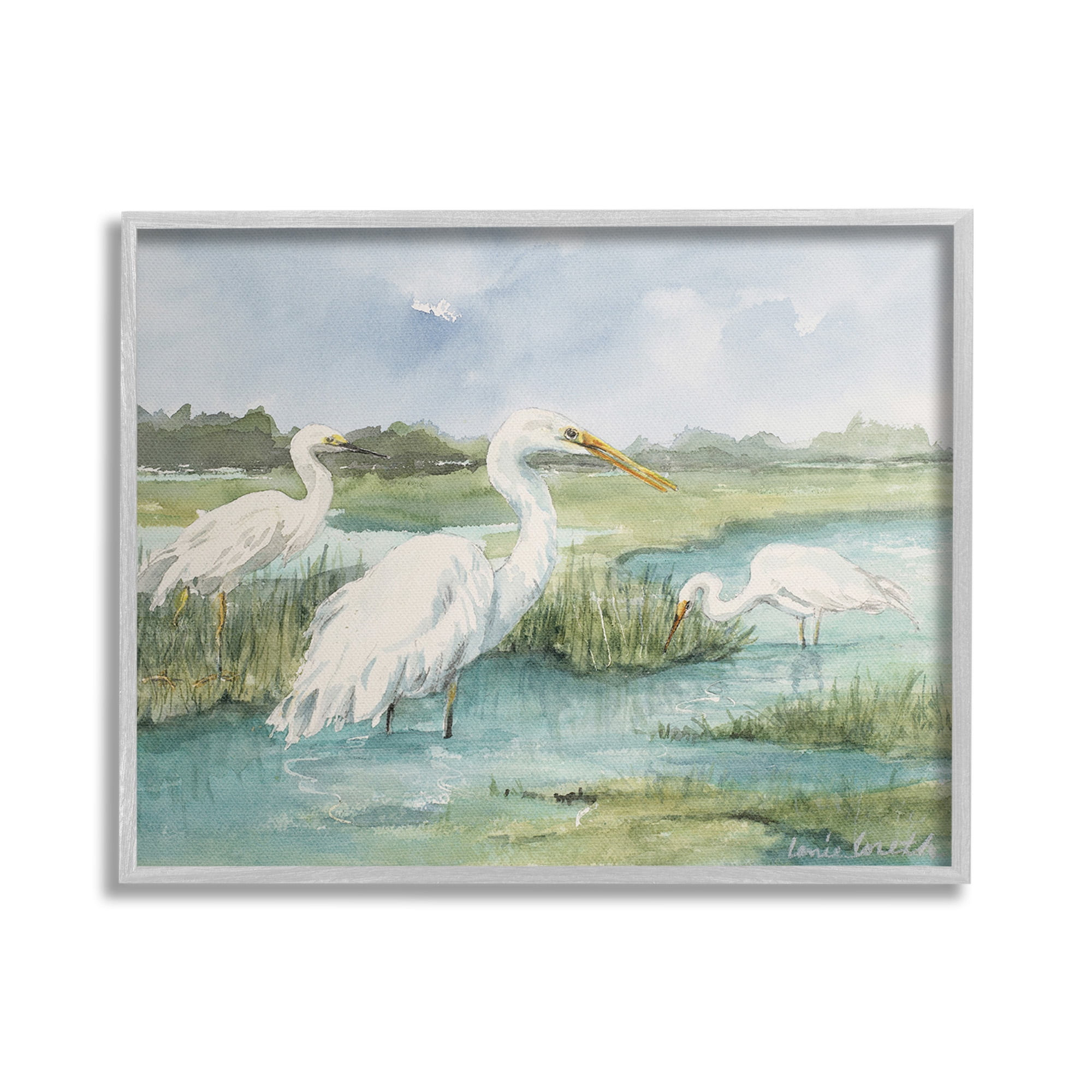 Stupell Industries Wild Egrets in Marshland Animals & Insects Painting Gray Framed Art Print Wall Art, 30 x 24