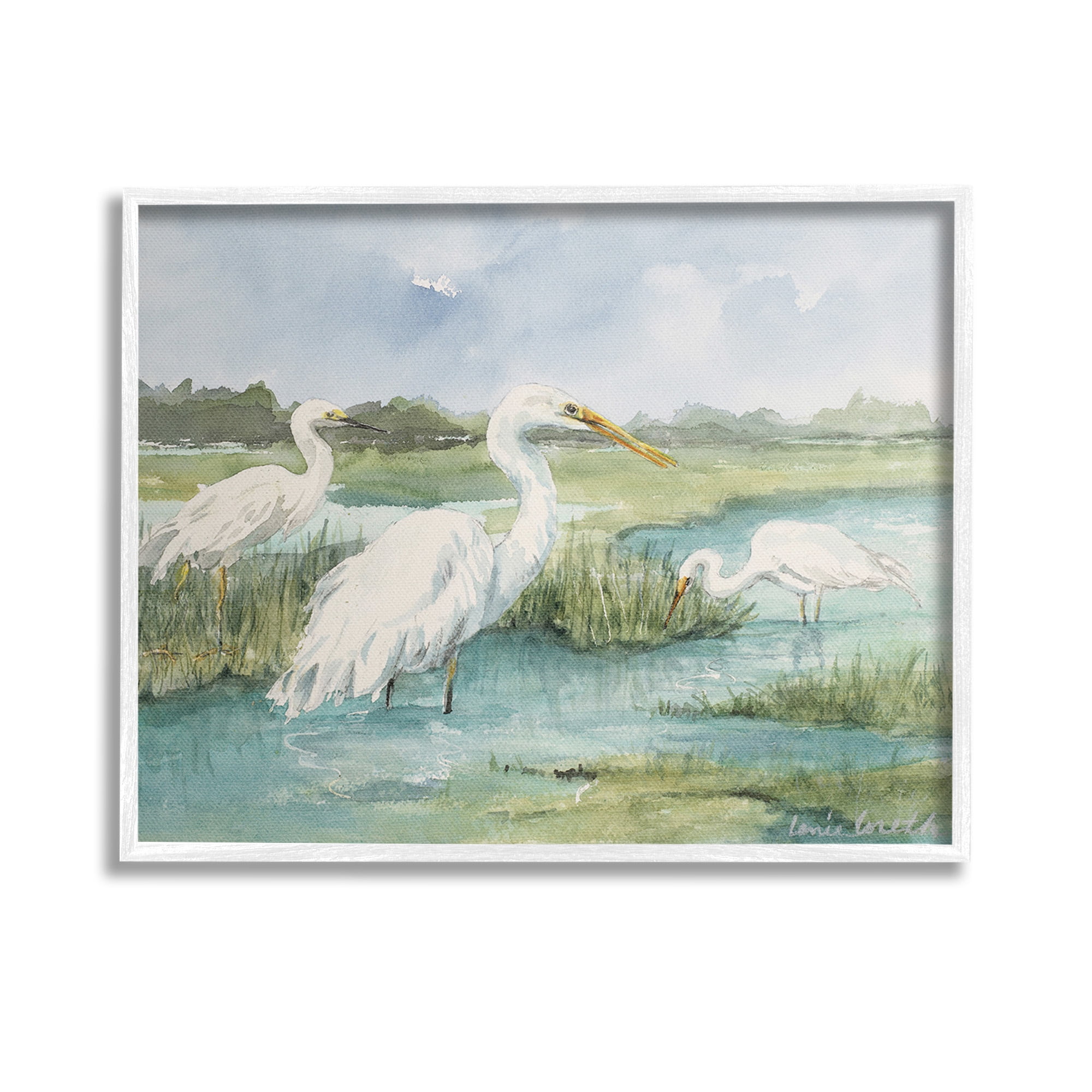 Stupell Industries Wild Egrets in Marshland Animals & Insects Painting White Framed Art Print Wall Art, 14 x 11