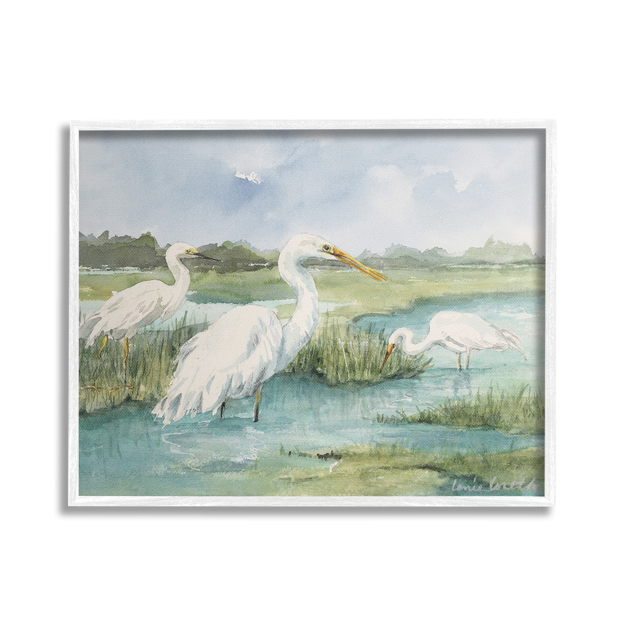Stupell Industries Wild Egrets in Marshland Animals & Insects Painting White Framed Art Print Wall Art, 30 x 24