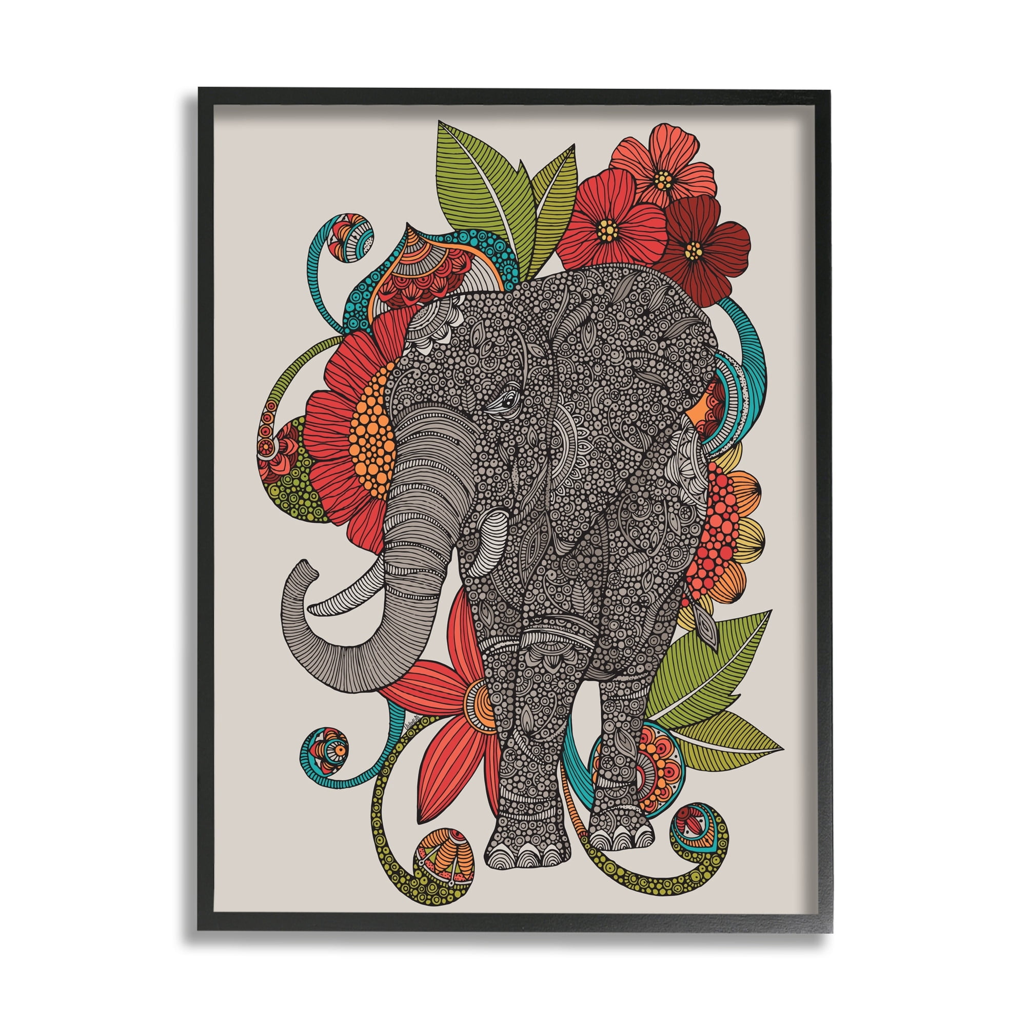 Stupell Industries Wild Elephant Surrounded Elaborate Flower Mandala Patterns Graphic Art Black Framed Art Print Wall Art, Design by Valentina Harper
