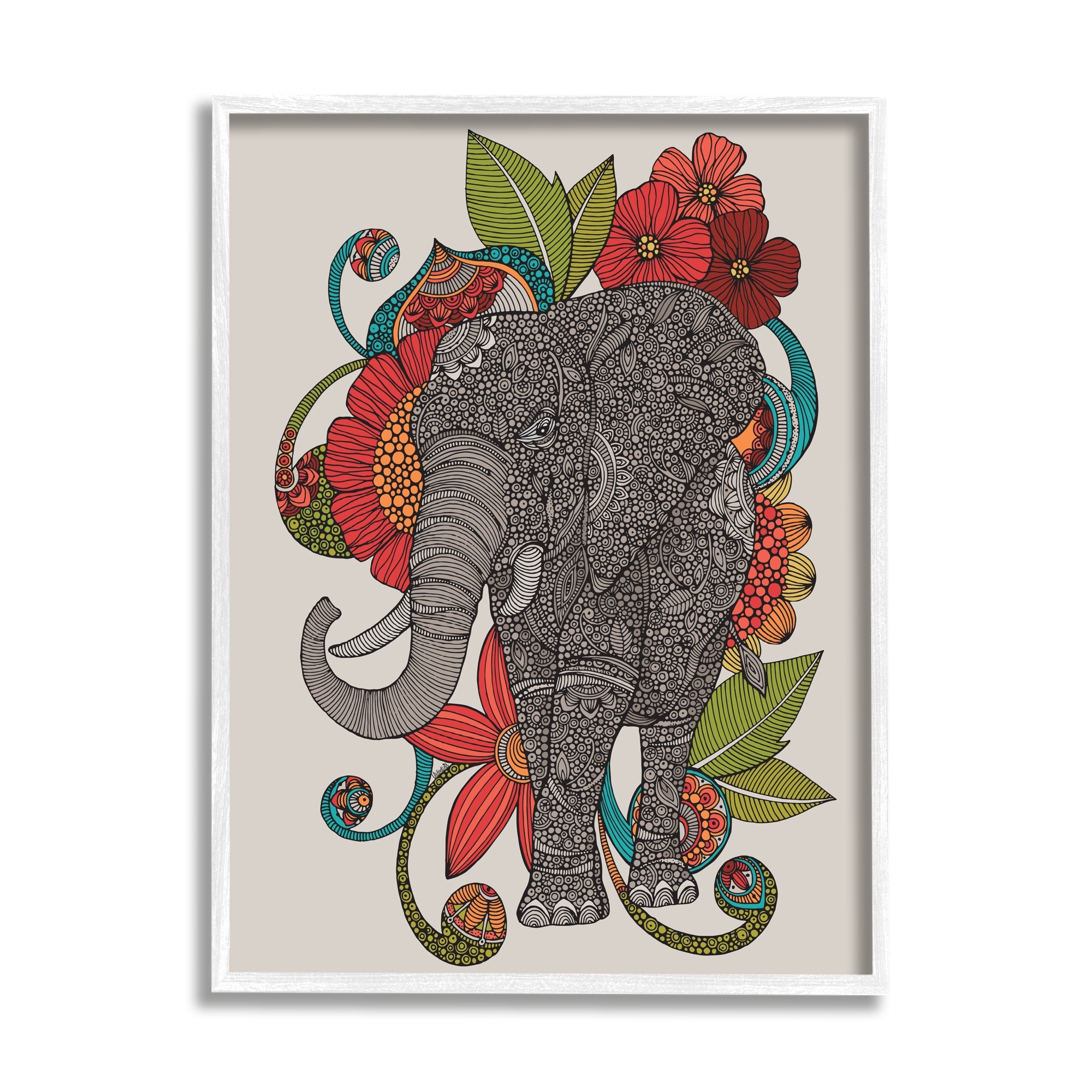 Stupell Industries Wild Elephant Surrounded Elaborate Flower Mandala Patterns Graphic Art White Framed Art Print Wall Art, Design by Valentina Harper