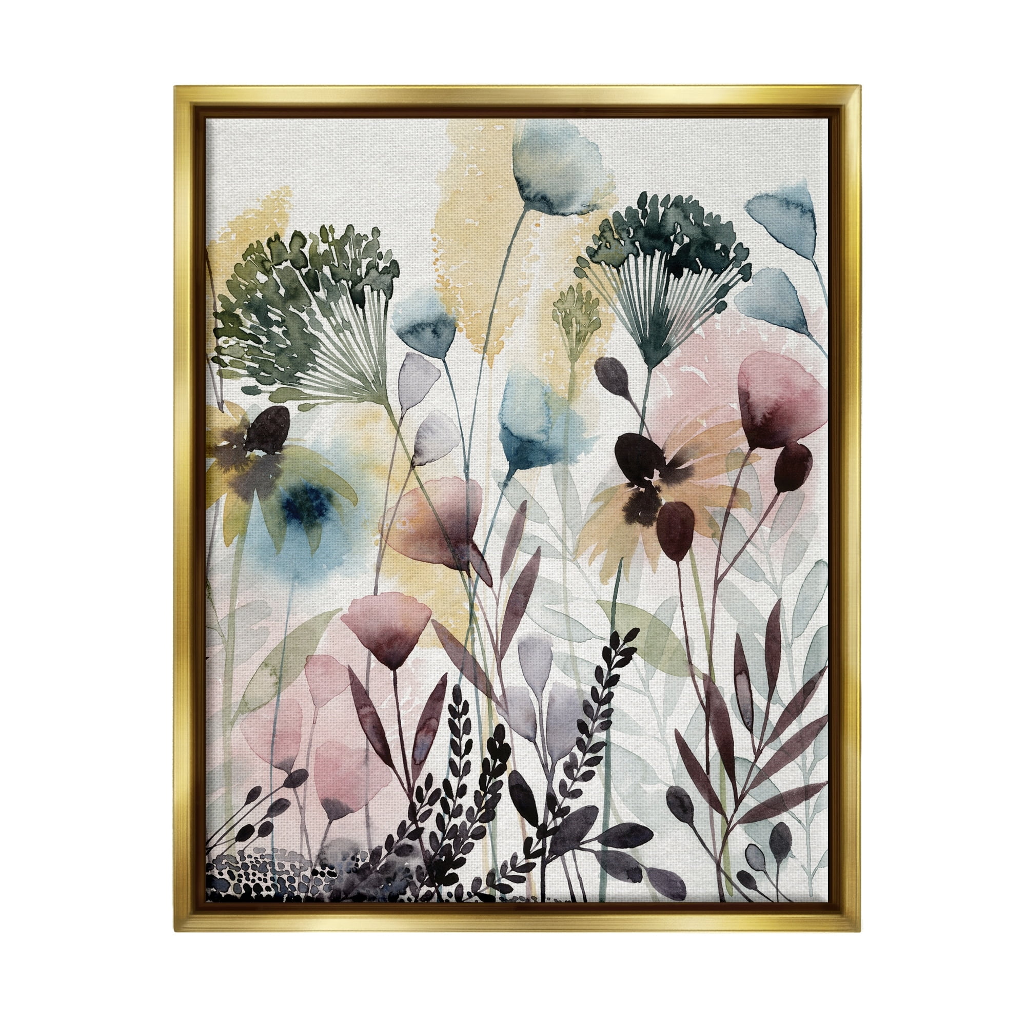Stupell Industries Wild Florals Opaque Layers Soft Watercolor Pink Blue Metallic Gold Framed Floating Canvas Wall Art, 24x30, by Grace Popp