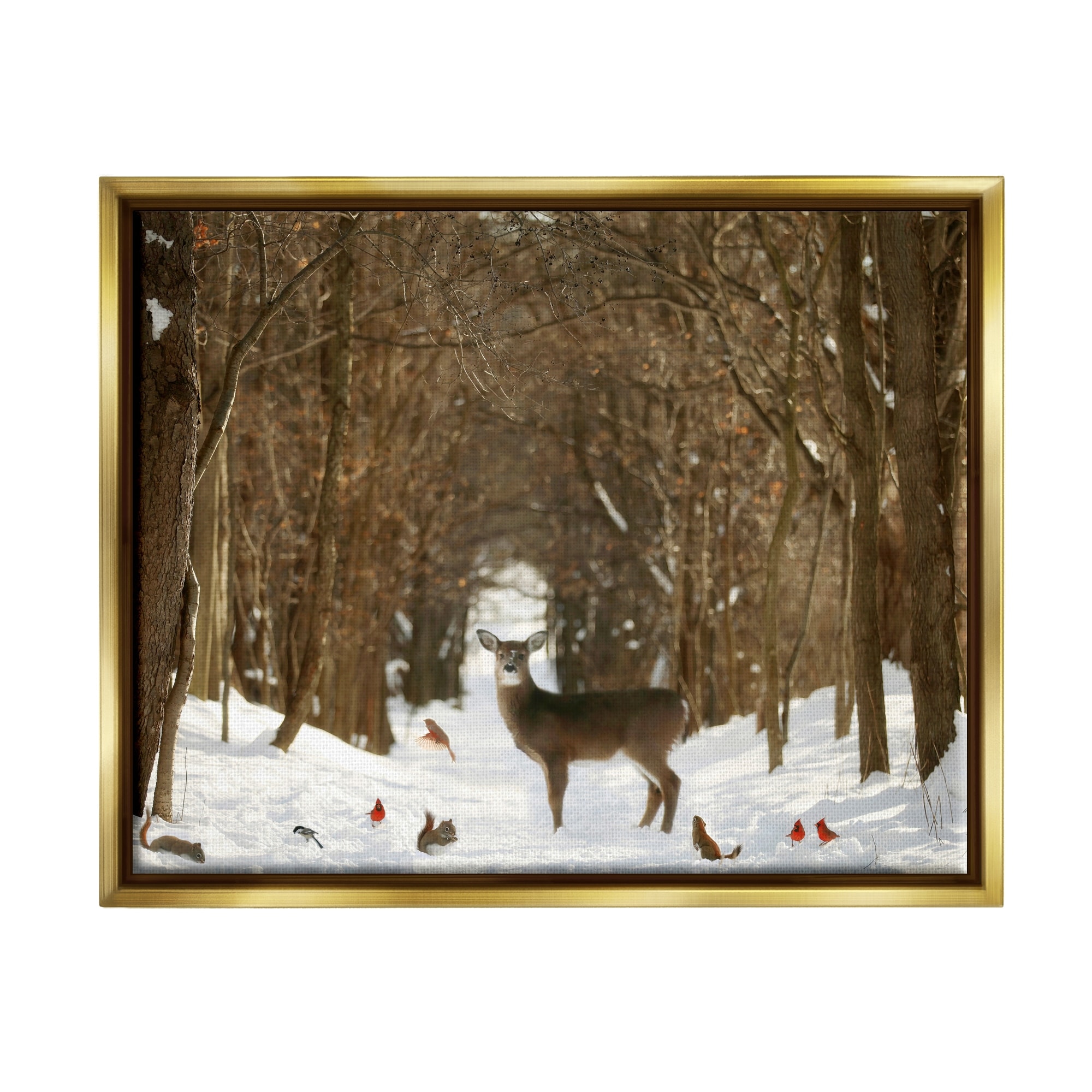 Stupell Industries Wild Forest Animals Gathered Amidst Snowy Trees Photograph Metallic Gold Floating Framed Canvas Print Wall Art, Design by Carrie Ann Grippo-Pike