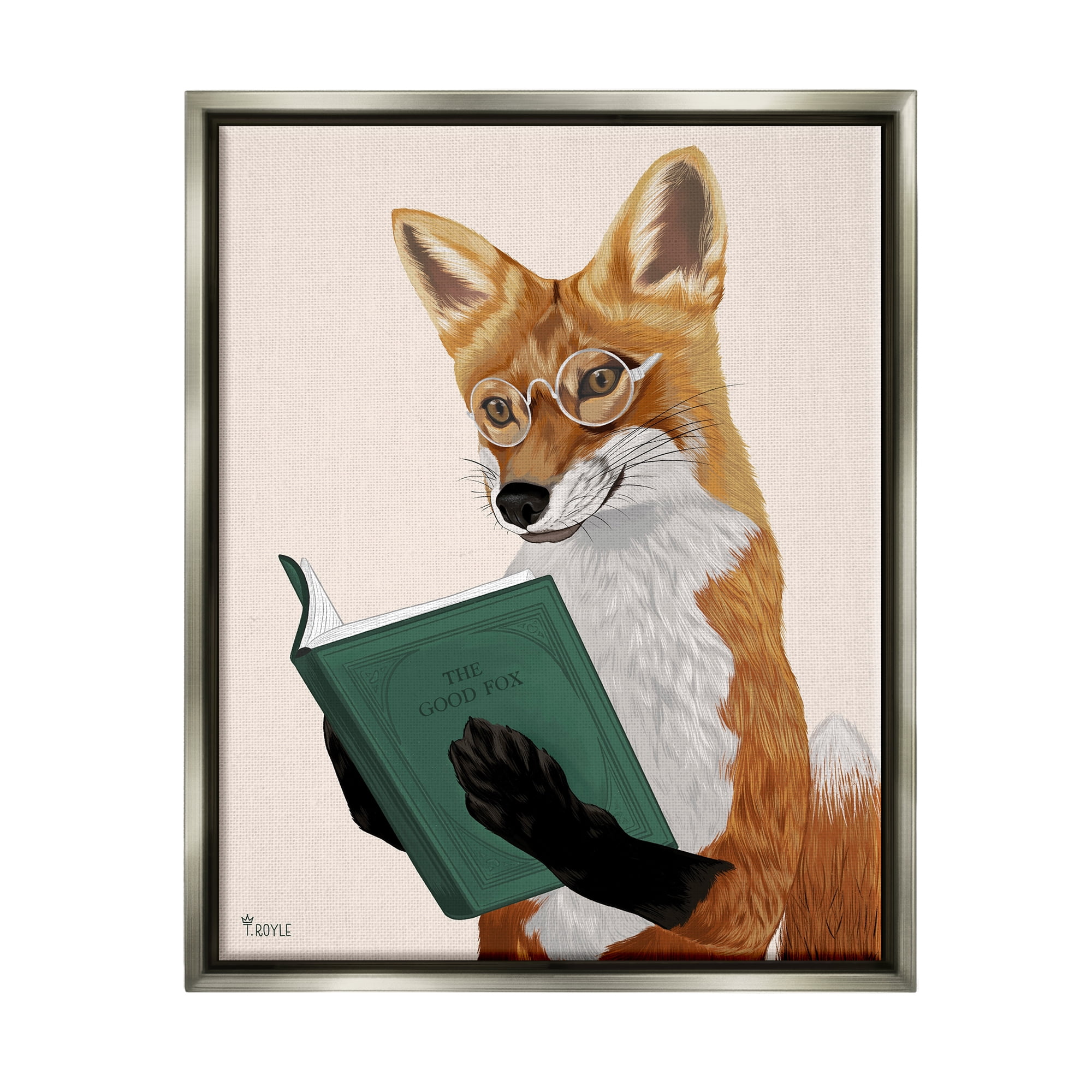 Stupell Industries Wild Fox Reading Book Animals & Insects Painting Gray Floater Framed Canvas Art Print Wall Art, 25 x 31