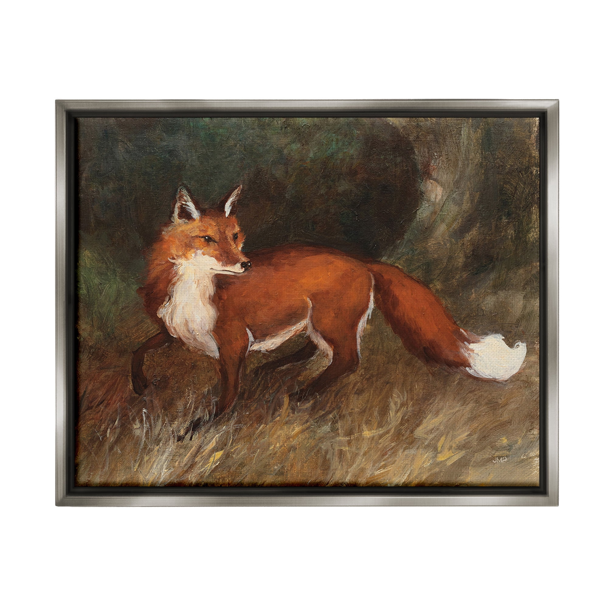 Stupell Industries Wild Fox in Forest Animals & Insects Painting Gray Floater Framed Canvas Art Print Wall Art, 21 x 17