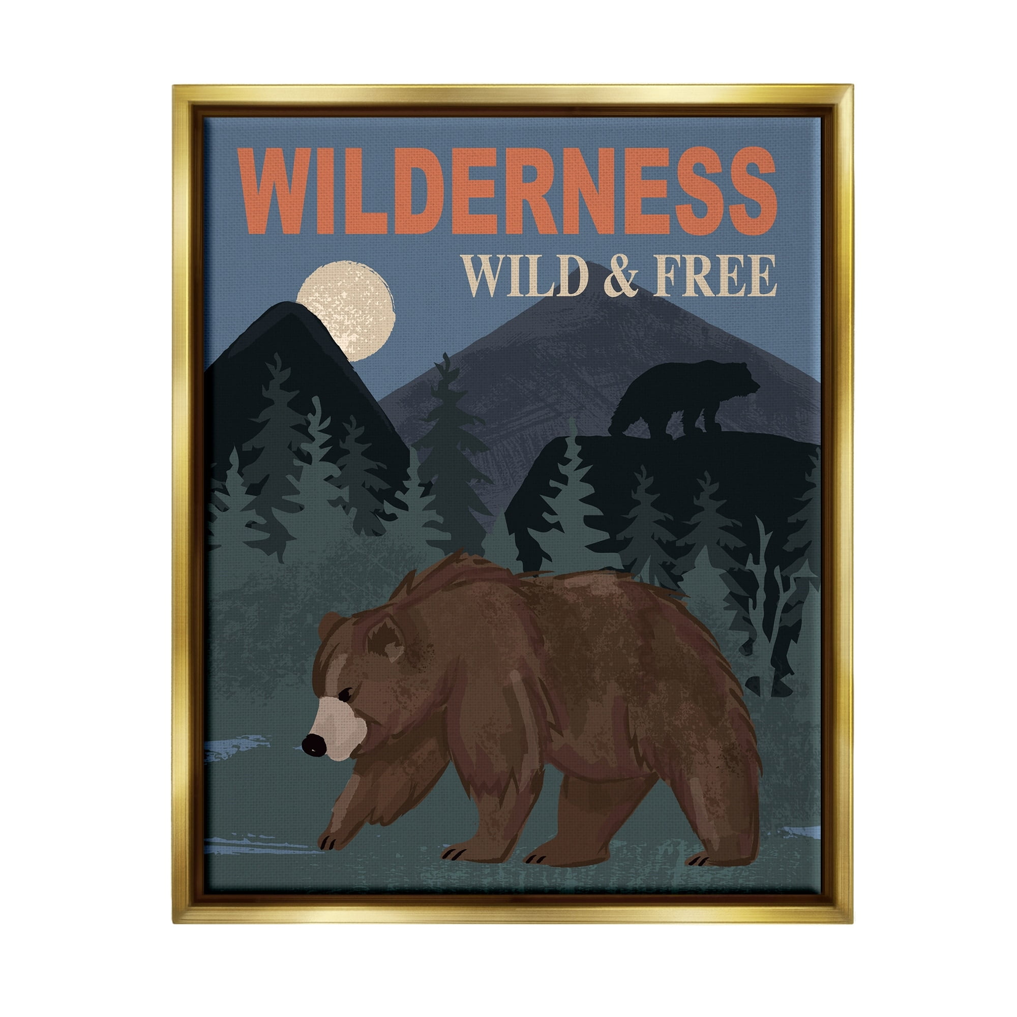 Stupell Industries Wild & Free Adventure Scene Mountain Forest Wildlife Graphic Art Metallic Gold Floating Framed Canvas Print Wall Art, Design by Lisa Whitebutton