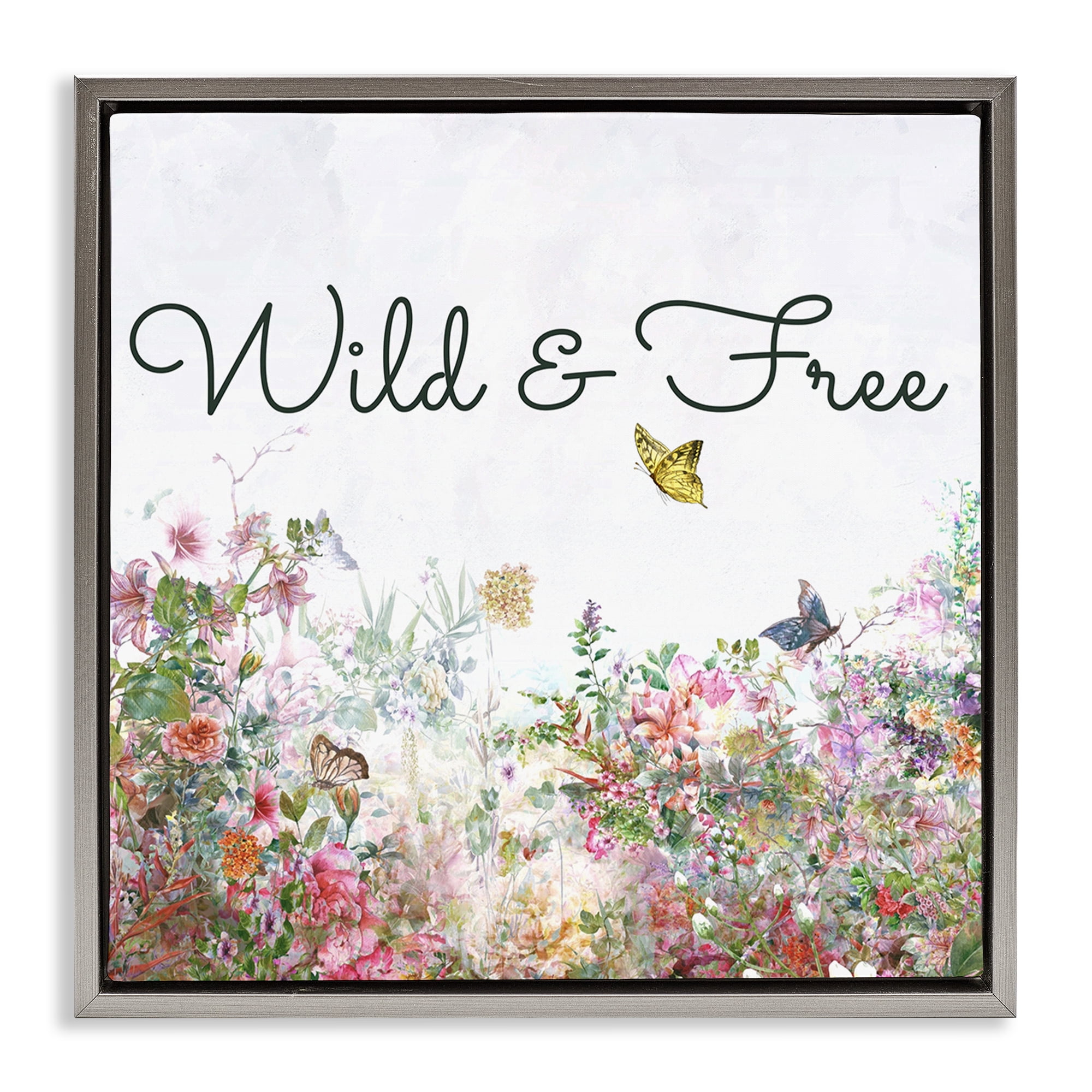 Stupell Industries Wild & Free Butterflies Landscape & Nature Painting Gray Floater Framed Canvas Art Print Wall Art, 18 x 18