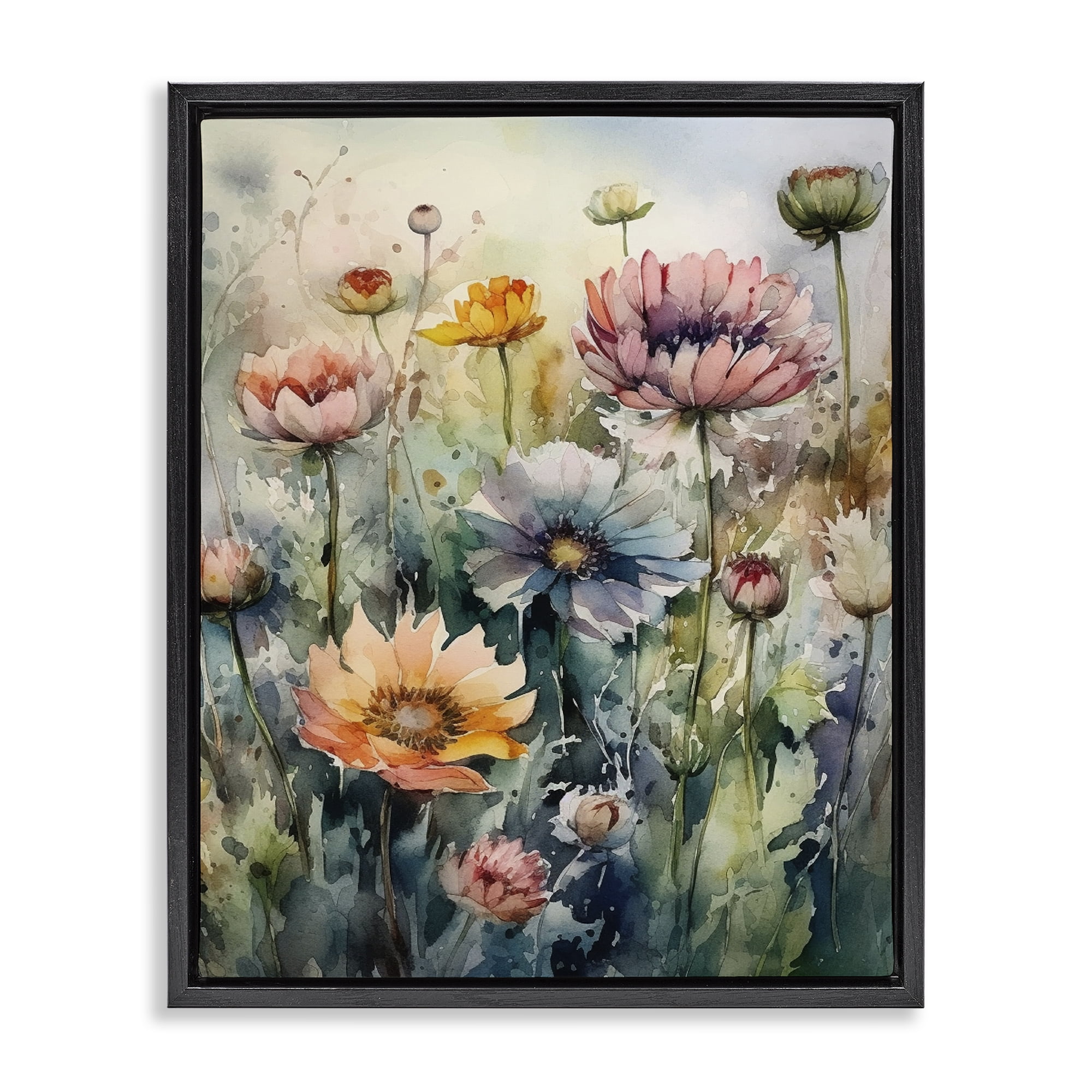 Stupell Industries Wild Gerbera Daisies Plants & Flowers Painting Black Floater Framed Canvas Art Print Wall Art, 17 x 21