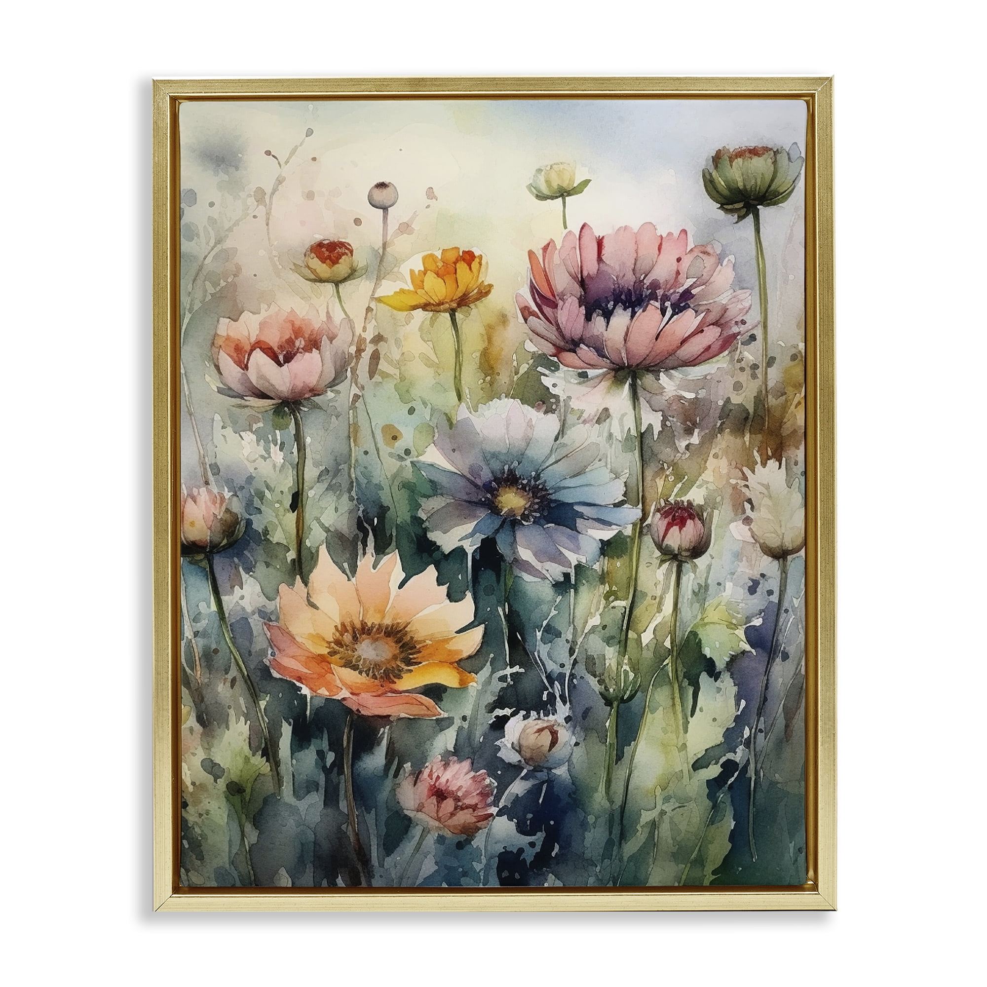 Stupell Industries Wild Gerbera Daisies Plants & Flowers Painting Gold Floater Framed Canvas Art Print Wall Art, 17 x 21
