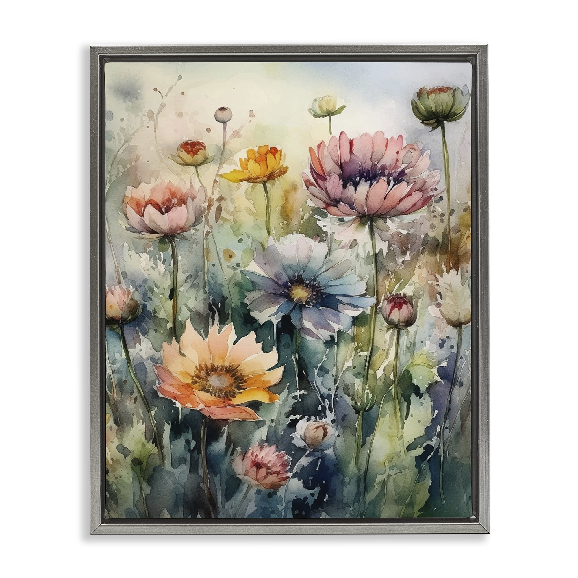 Stupell Industries Wild Gerbera Daisies Plants & Flowers Painting Gray Floater Framed Canvas Art Print Wall Art, 17 x 21