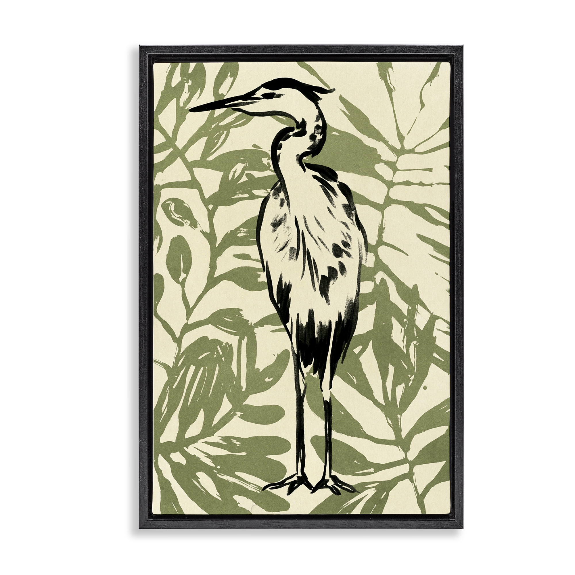 Stupell Industries Wild Heron & Leaves Animals & Insects Painting Black Floater Framed Canvas Art Print Wall Art, 21 x 31