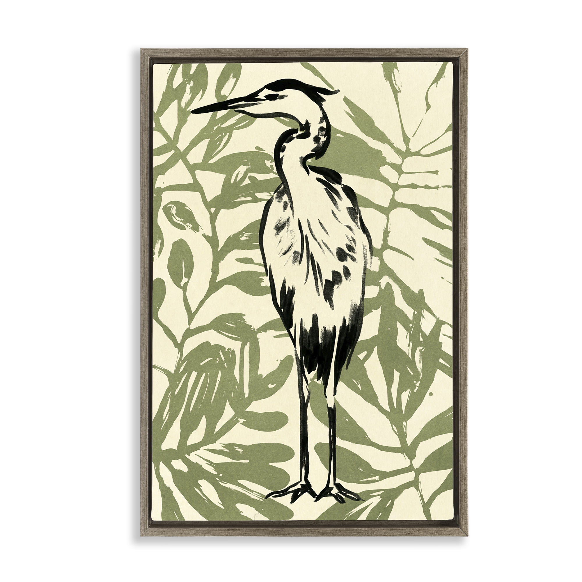Stupell Industries Wild Heron & Leaves Animals & Insects Painting Brown Floater Framed Canvas Art Print Wall Art, 17 x 25